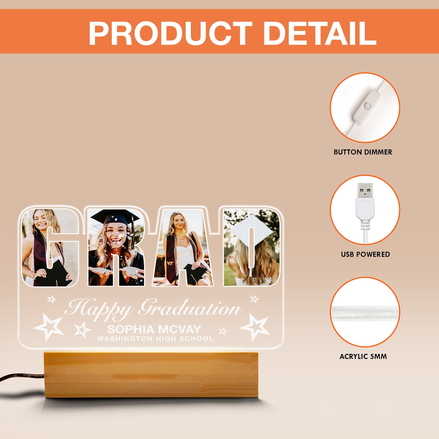 Personalized Graduation Night Light with “GRAD” Letters – A Stunning Acrylic Lamp to Mark Their Big Day (GNL-17)