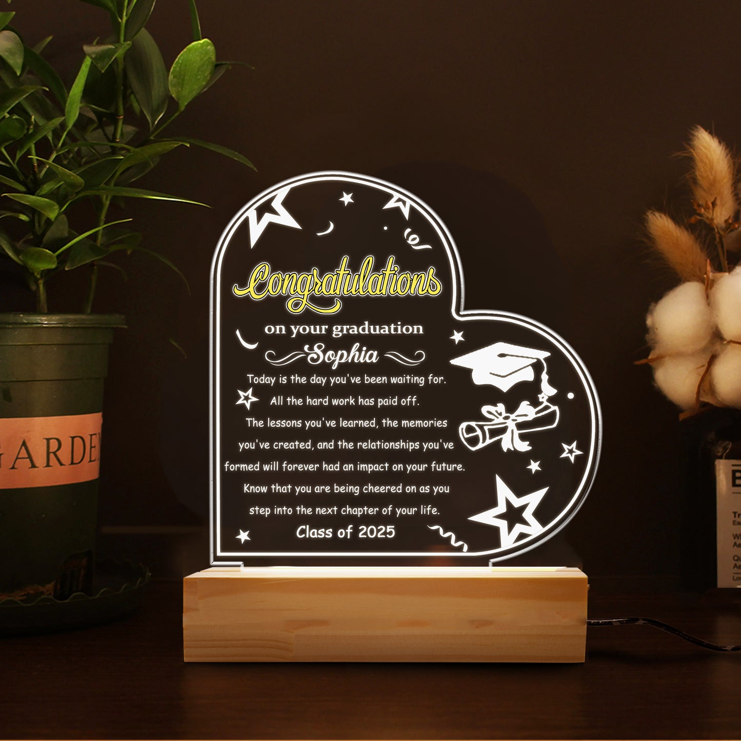 Graduation Night Light – Personalized Acrylic LED Gift with Graduate’s Name and Class Year for High School or College Celebration (GNL-09)