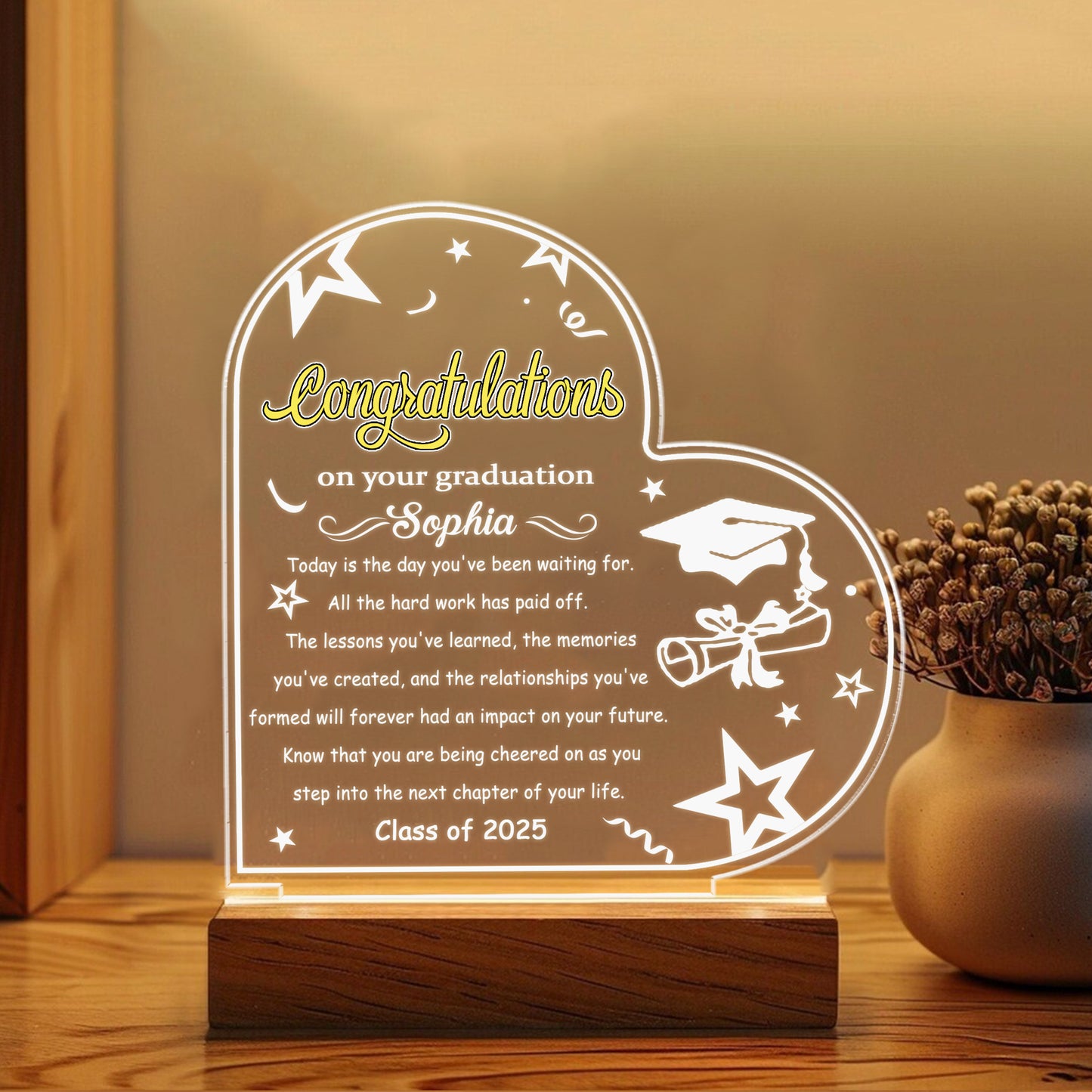 Graduation Night Light – Personalized Acrylic LED Gift with Graduate’s Name and Class Year for High School or College Celebration (GNL-09)
