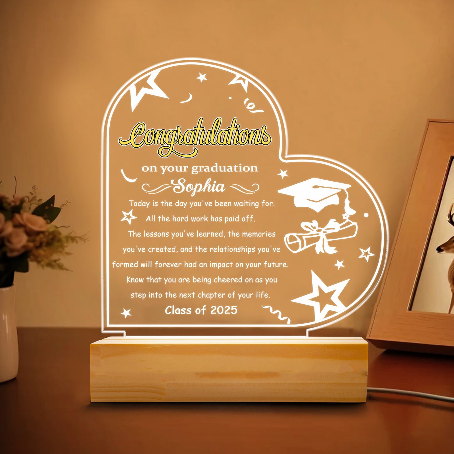 Graduation Night Light – Personalized Acrylic LED Gift with Graduate’s Name and Class Year for High School or College Celebration (GNL-09)