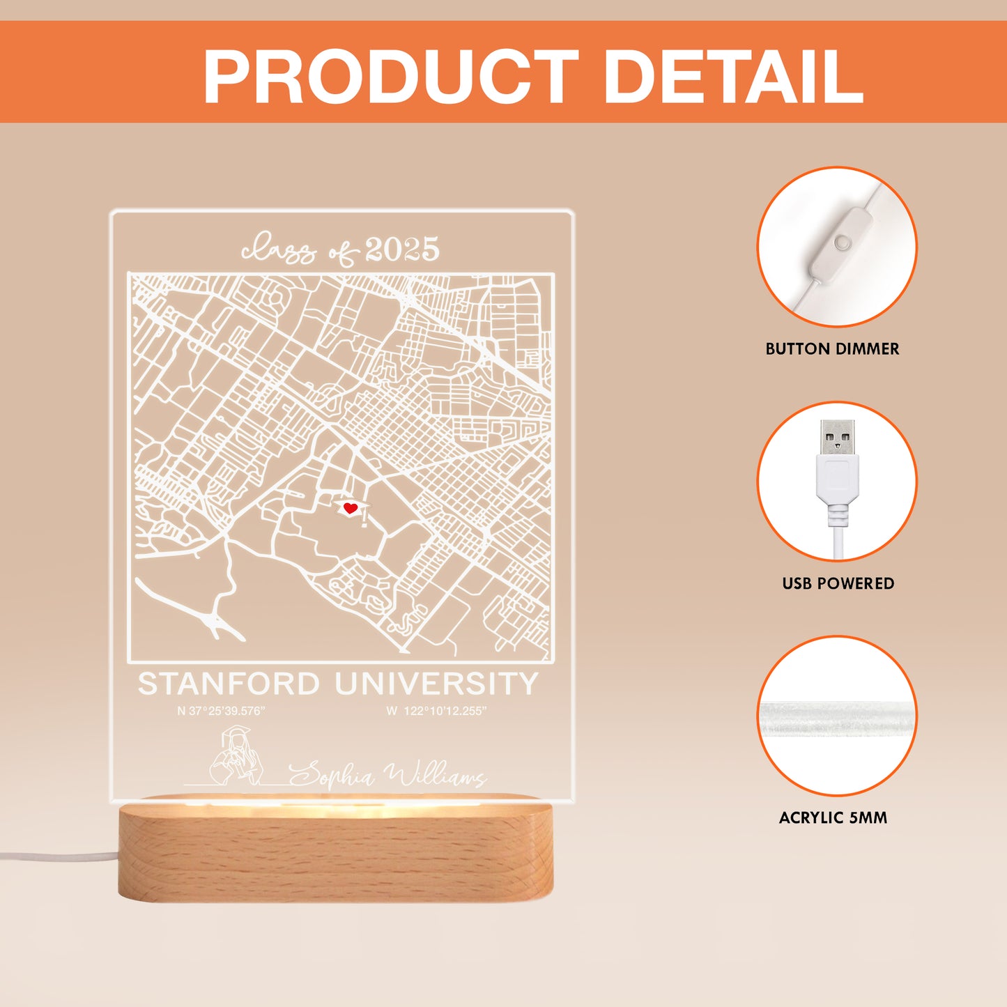 Personalized University Map Night Light, Graduation Keepsake for Class of 2025 (GNL-01)