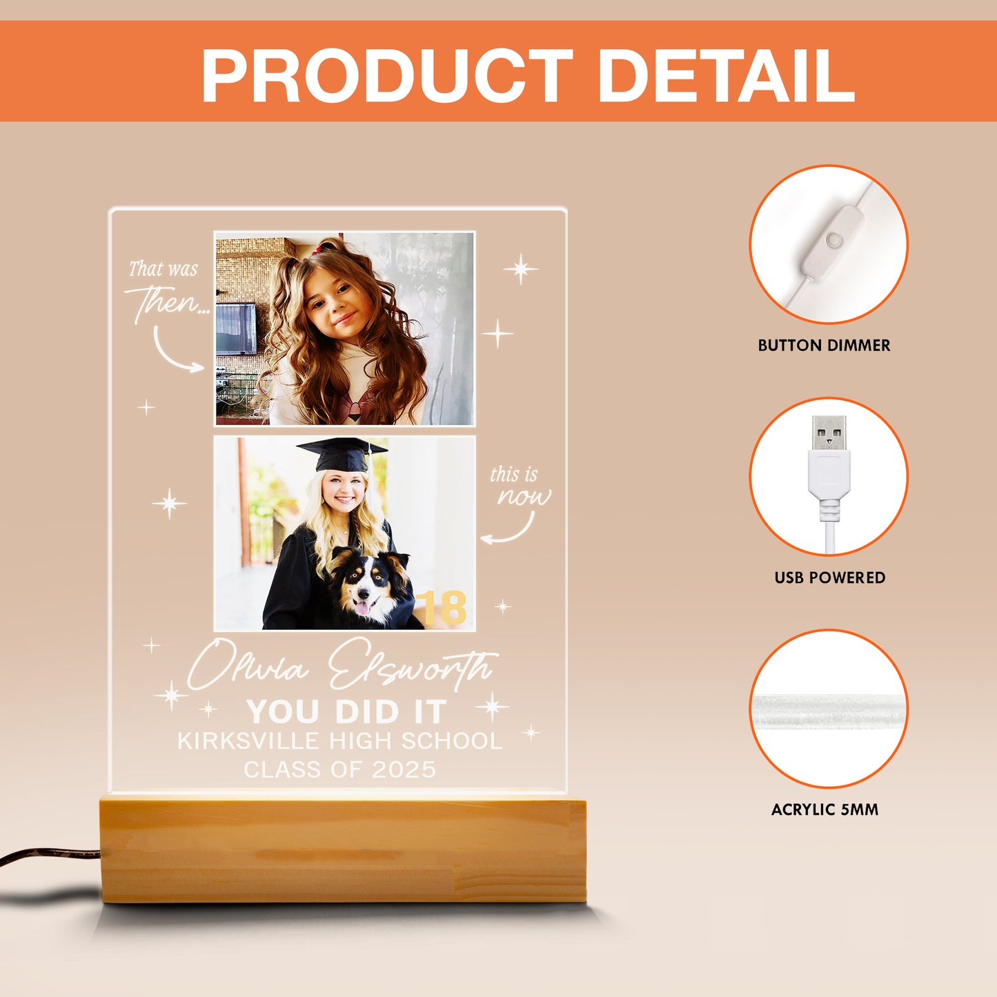 Personalized Graduate Night Light Plaque, Custom Picture Frame Gift, Gifts for College, High School Senior (GNL-31)