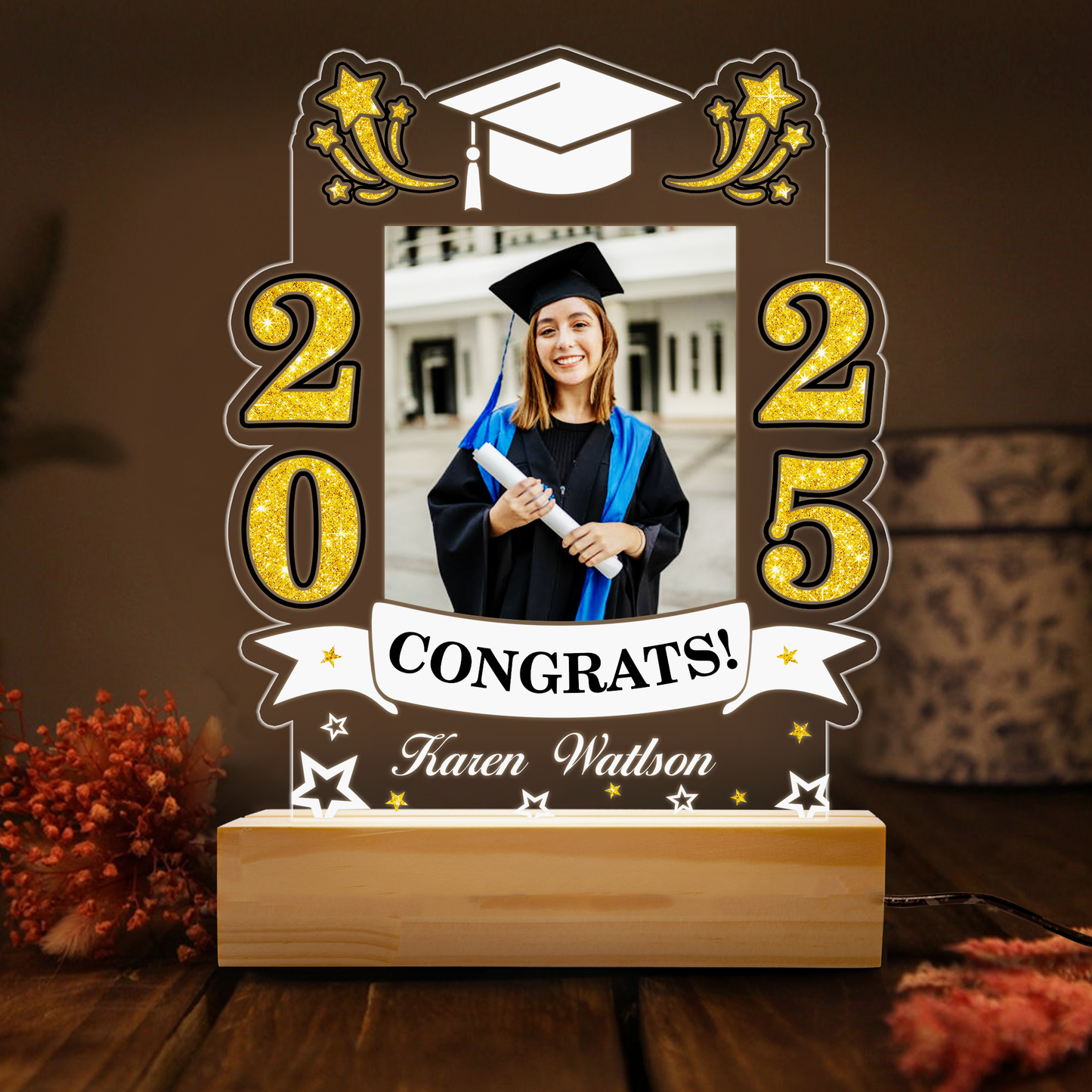 Graduation Night Light With Custom Photo, Personalized Acrylic Gift For Graduate Girl, Boy, Class of 2025 Lamp Keepsake