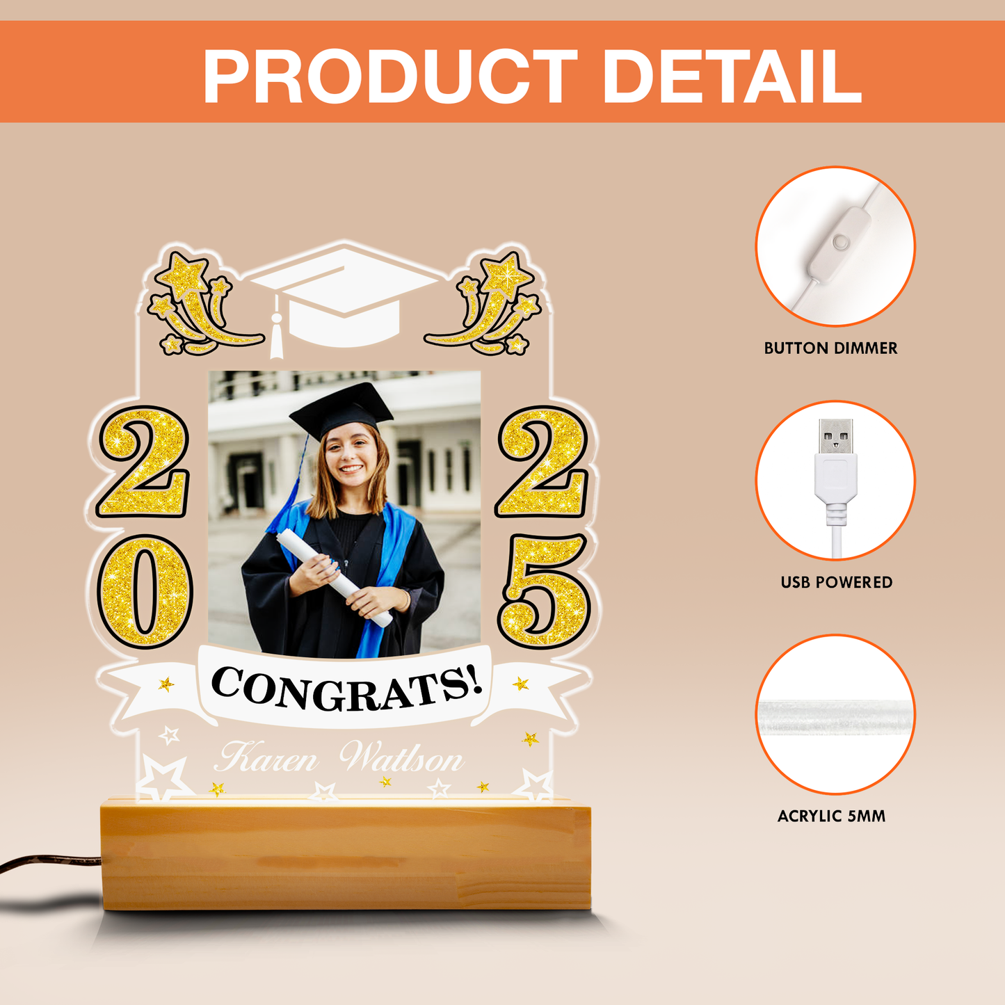 Graduation Night Light With Custom Photo, Personalized Acrylic Gift For Graduate Girl, Boy, Class of 2025 Lamp Keepsake