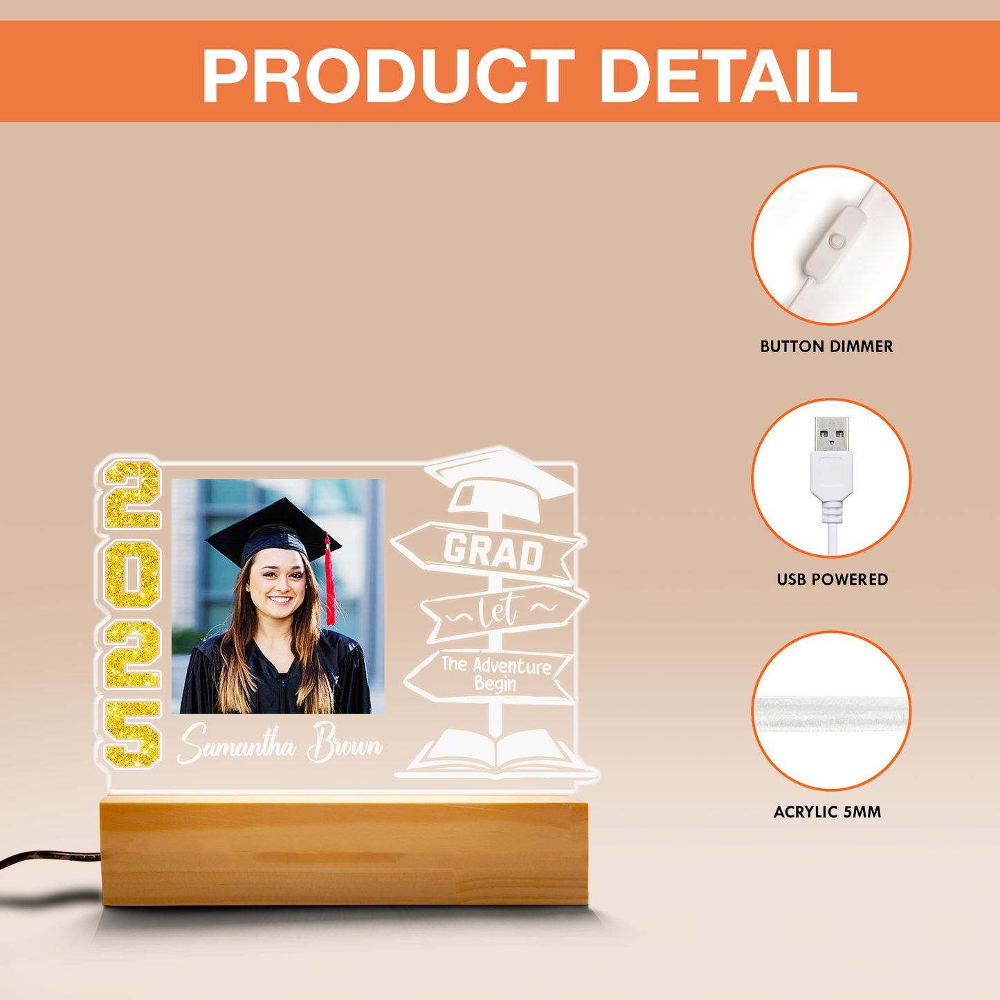 Graduation Night Light For Her Him, Personalized LED Acrylic Frame With Picture, Unique Graduation Gift Idea For Students (GNL-49)