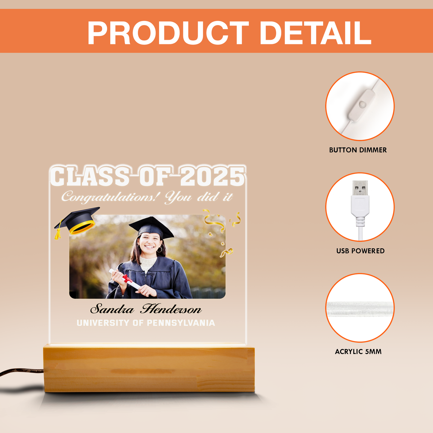 Personalized Graduation Night Light - Custom Acrylic Plaque with Your Photo, Ideal Gift for Class of 2025 Graduates (GNL-02)