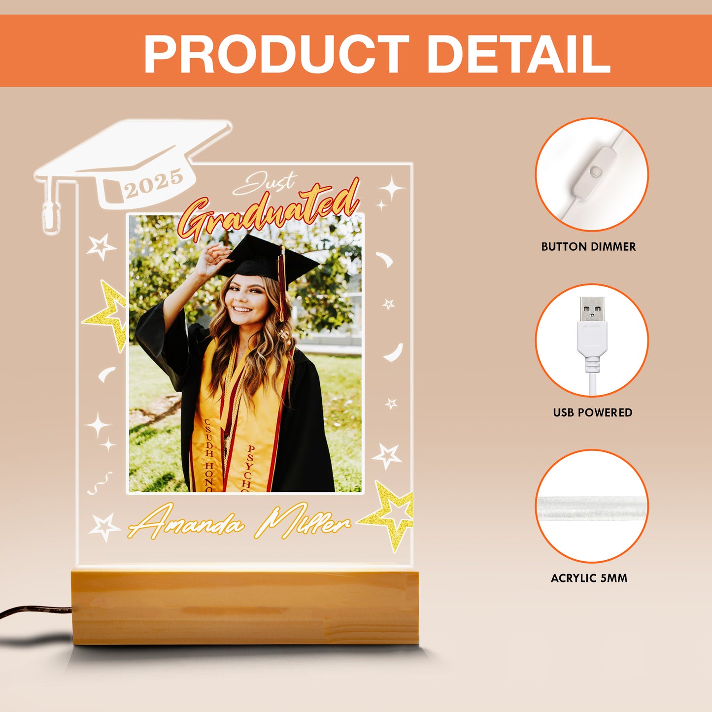 Graduation Night Light – A Personalized Acrylic Lamp with Custom Picture and Name to Celebrate the Class of 2025's Special Achievement (GNL-19)