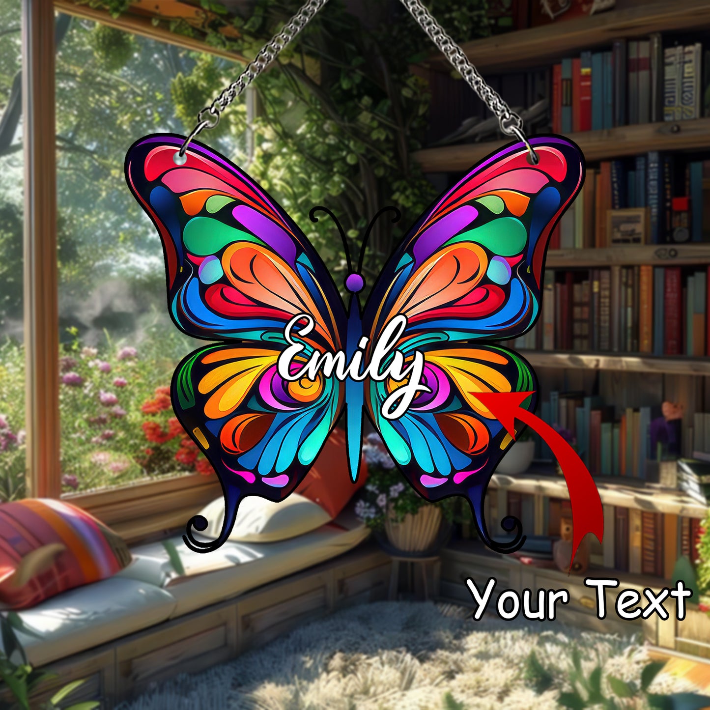 Personalized Butterfly Glass Suncatcher – Custom Name Window Hanging – Stained Glass Style Memorial or Gift for Her (Sun-91)