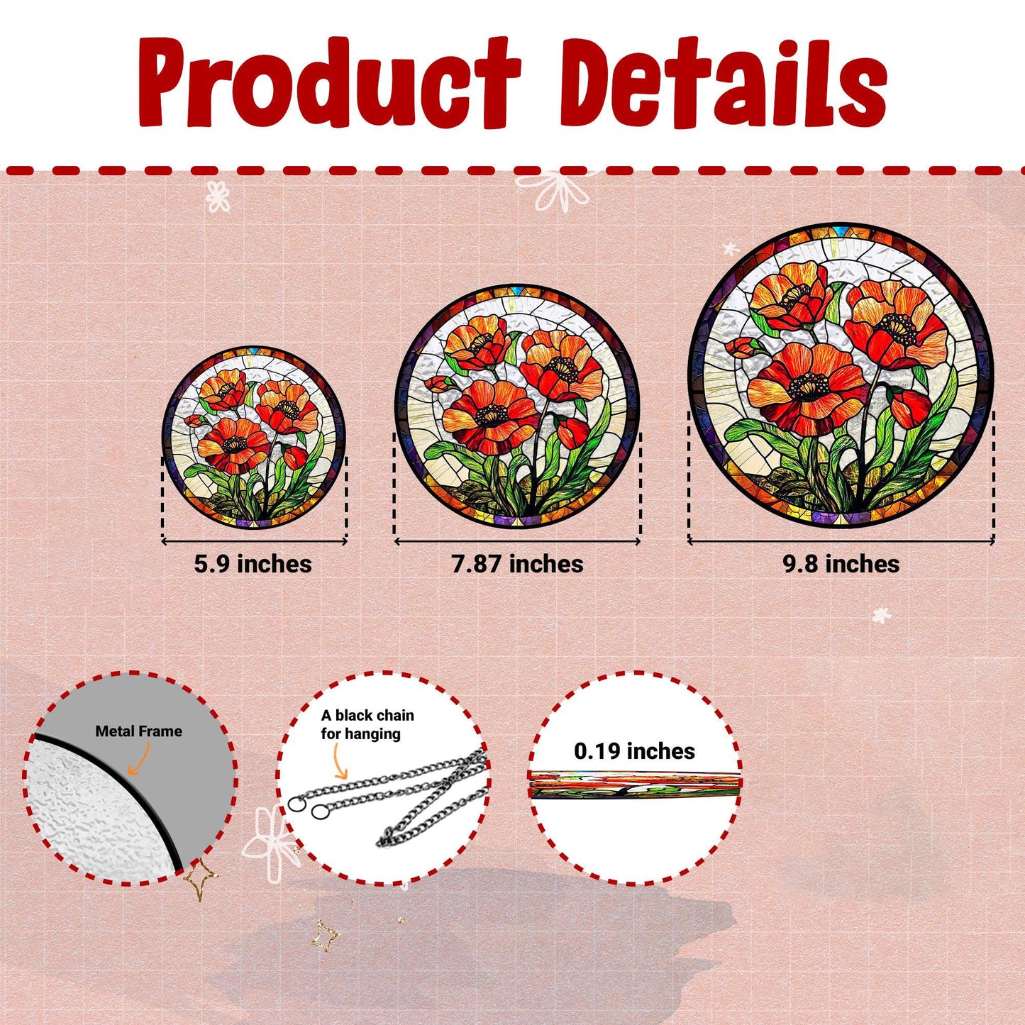 Poppy Flowers Glass Suncatcher, Artistic Poppy, Stained Glass Plant Home Decor, Unique Botanical Art Window Hanging, Nana's Blessings, Memory Day (Sun-73)