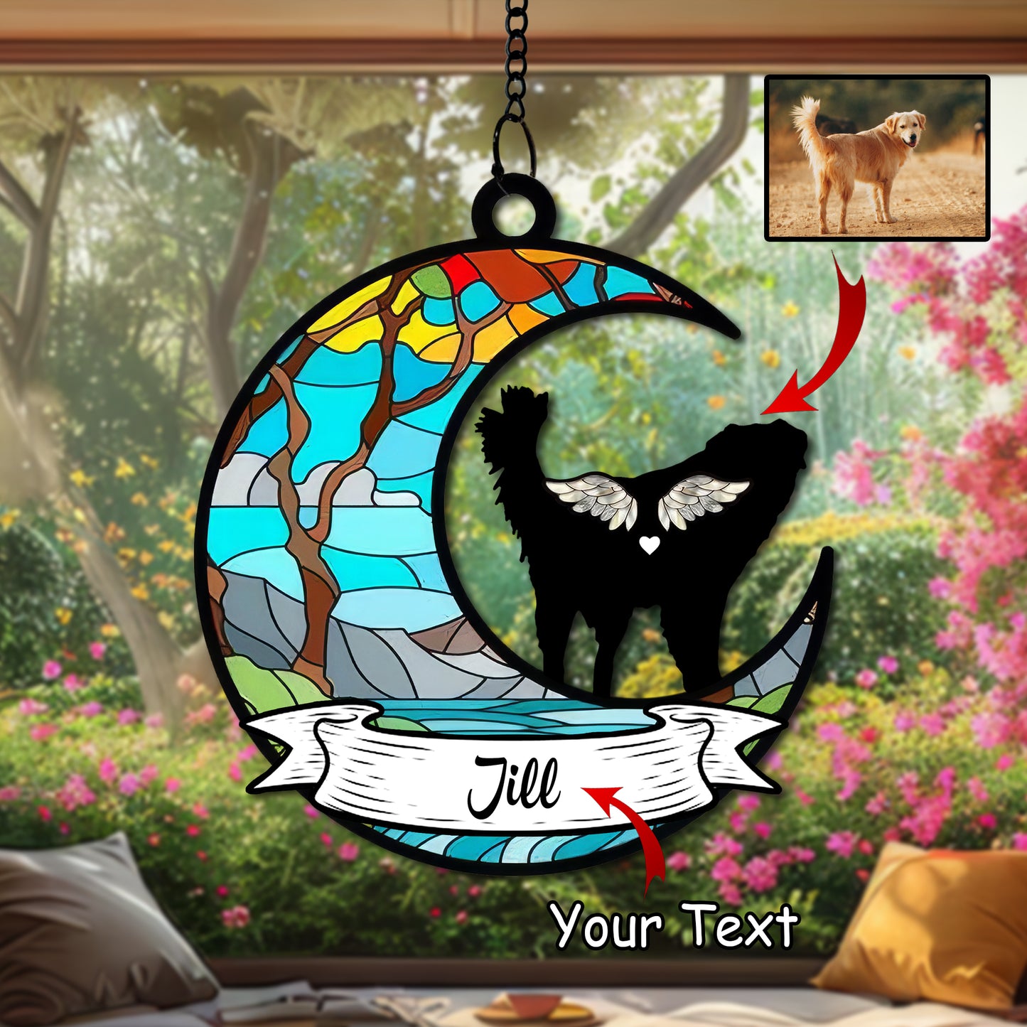 Personalized Pet Memorial Hanging Suncatcher β Crescent Moon with Angel Dog Silhouette, Name Banner, and Fairy Tale Castle Design (H-Sun-28)