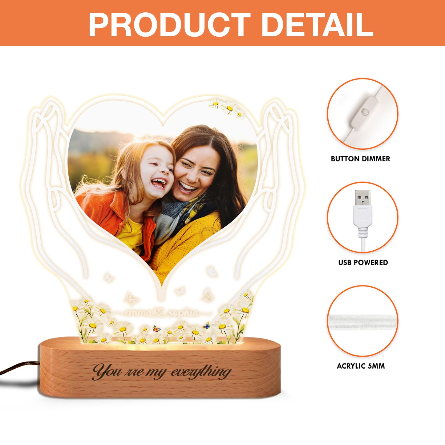 Mom Night Light - Custom Acrylic Frame With Photo, Unique Mother’s Day Gift From Child, Birthday Keepsake Lamp (MNL-20)