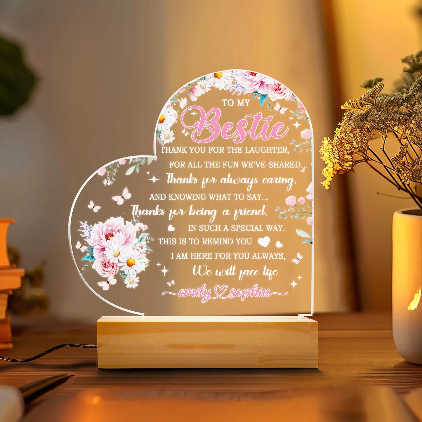 Personalized Mom Night Light, Birthday Gift for Mom, LED Lamp with Wood Base, Engraved Sleep Light for Mother's Day, Thanksgiving Gift (MNL-15)