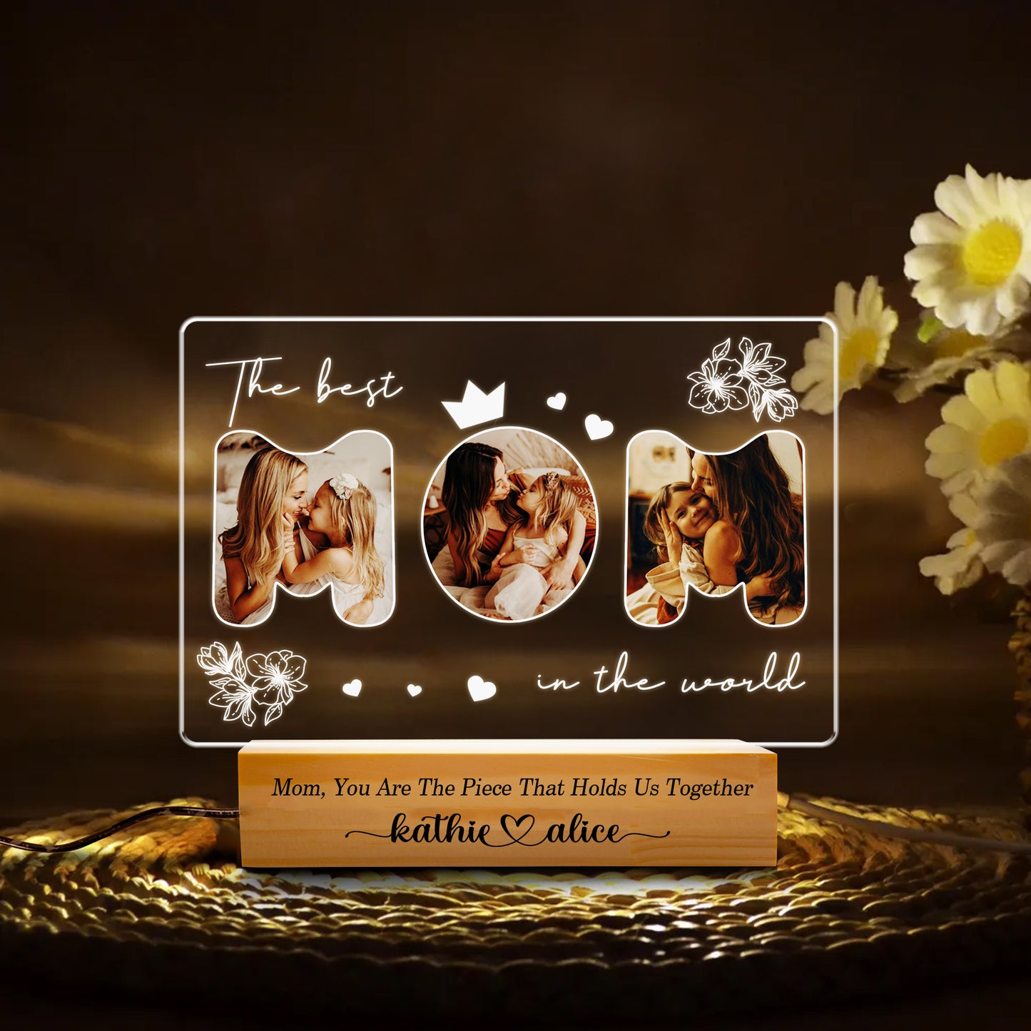 Personalized Picture Frames with Photo, Custom Acrylic Plaque Photo Frame with Night Light, Personalized Gifts for Mom from Daughter, Son, Kids (MNL-14)