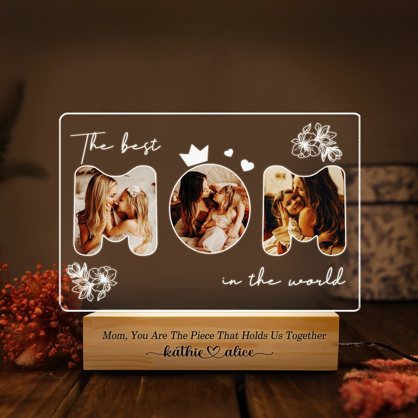 Personalized Picture Frames with Photo, Custom Acrylic Plaque Photo Frame with Night Light, Personalized Gifts for Mom from Daughter, Son, Kids (MNL-14)
