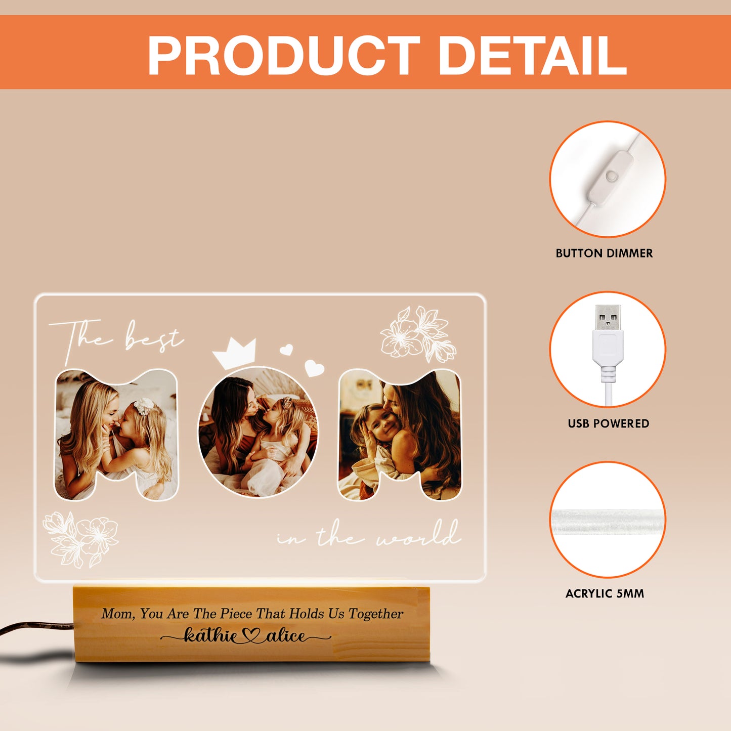 Personalized Picture Frames with Photo, Custom Acrylic Plaque Photo Frame with Night Light, Personalized Gifts for Mom from Daughter, Son, Kids (MNL-14)