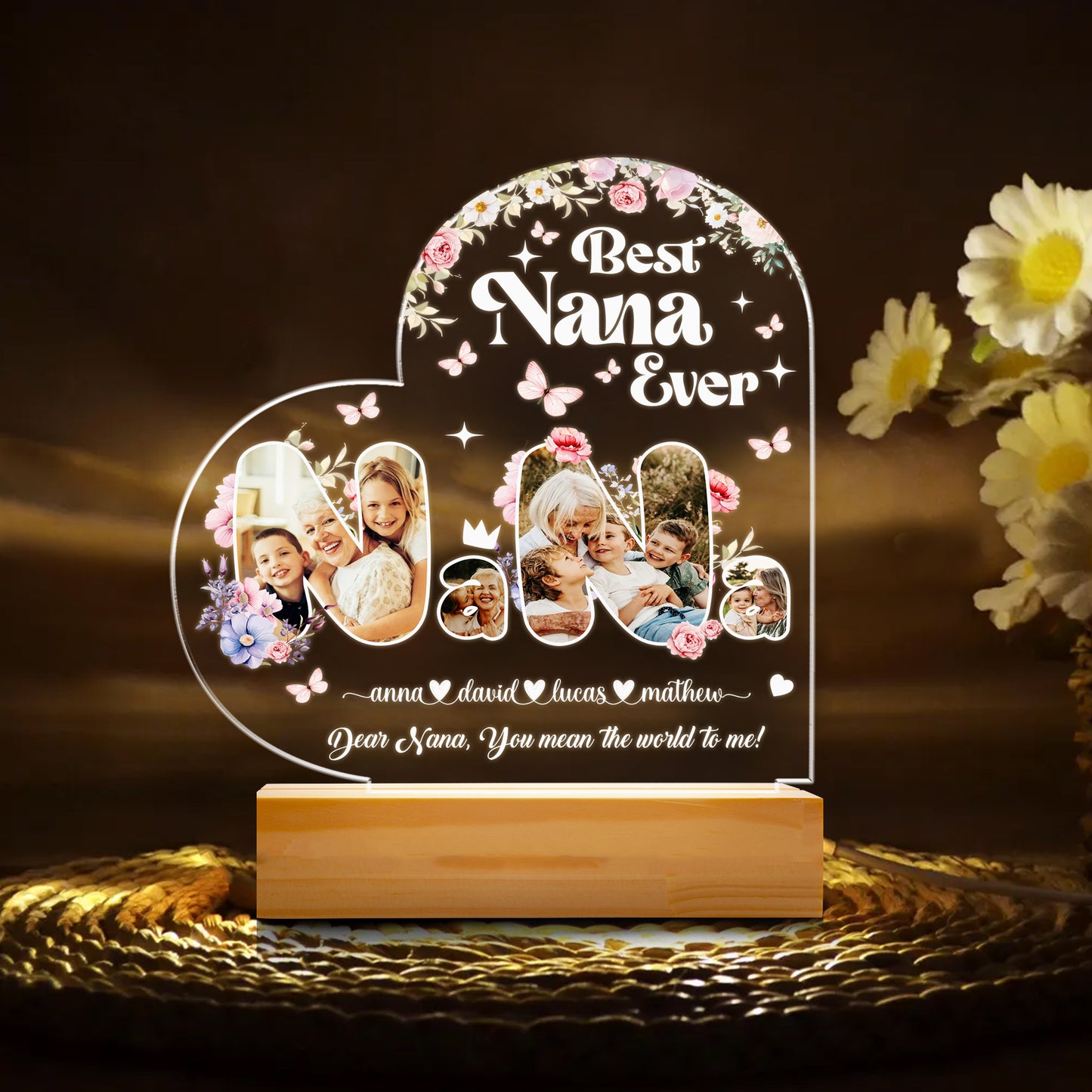 Mom Night Light, Birthday Gift for Mom from Daughter, LED Night Light with Wooden Base, Personalized Engraved Sayings, Mother's Day, Christmas Gift (MNL-13)
