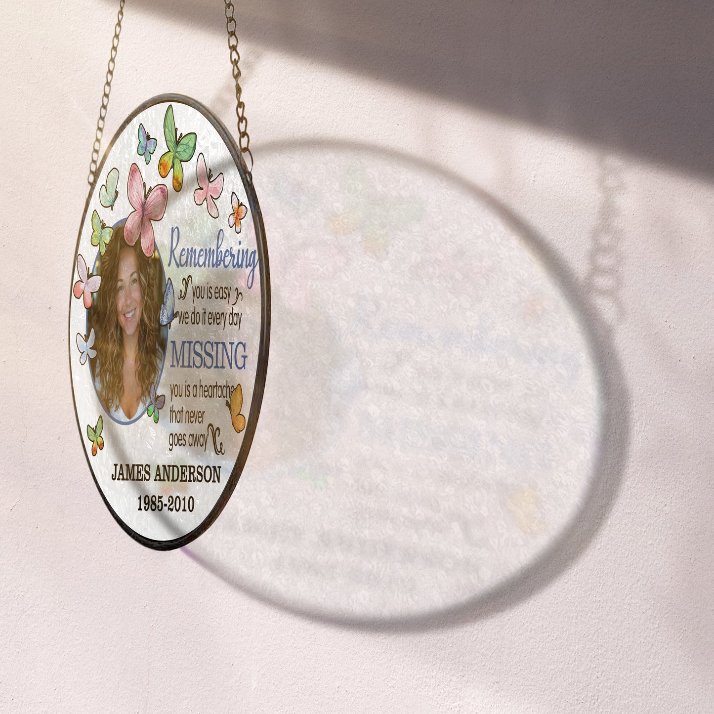 Personalized Memorial Glass Suncatcher with Photo and Butterflies โ In Loving Memory Hanging Ornament for Loss of Loved One (Sun-92)