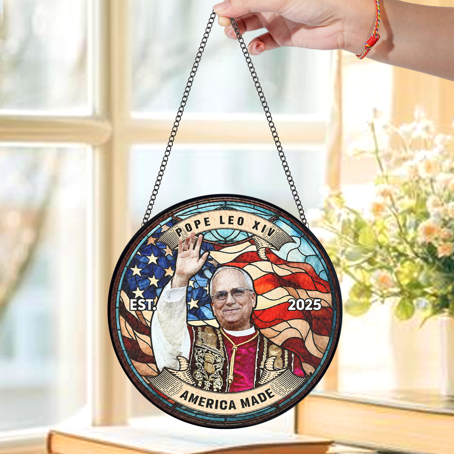 Catholic Pope Leo XIV Glass Suncatcher – Religious Stained Glass Style Hanging – Spiritual Home or Church Decor (Sun-103)