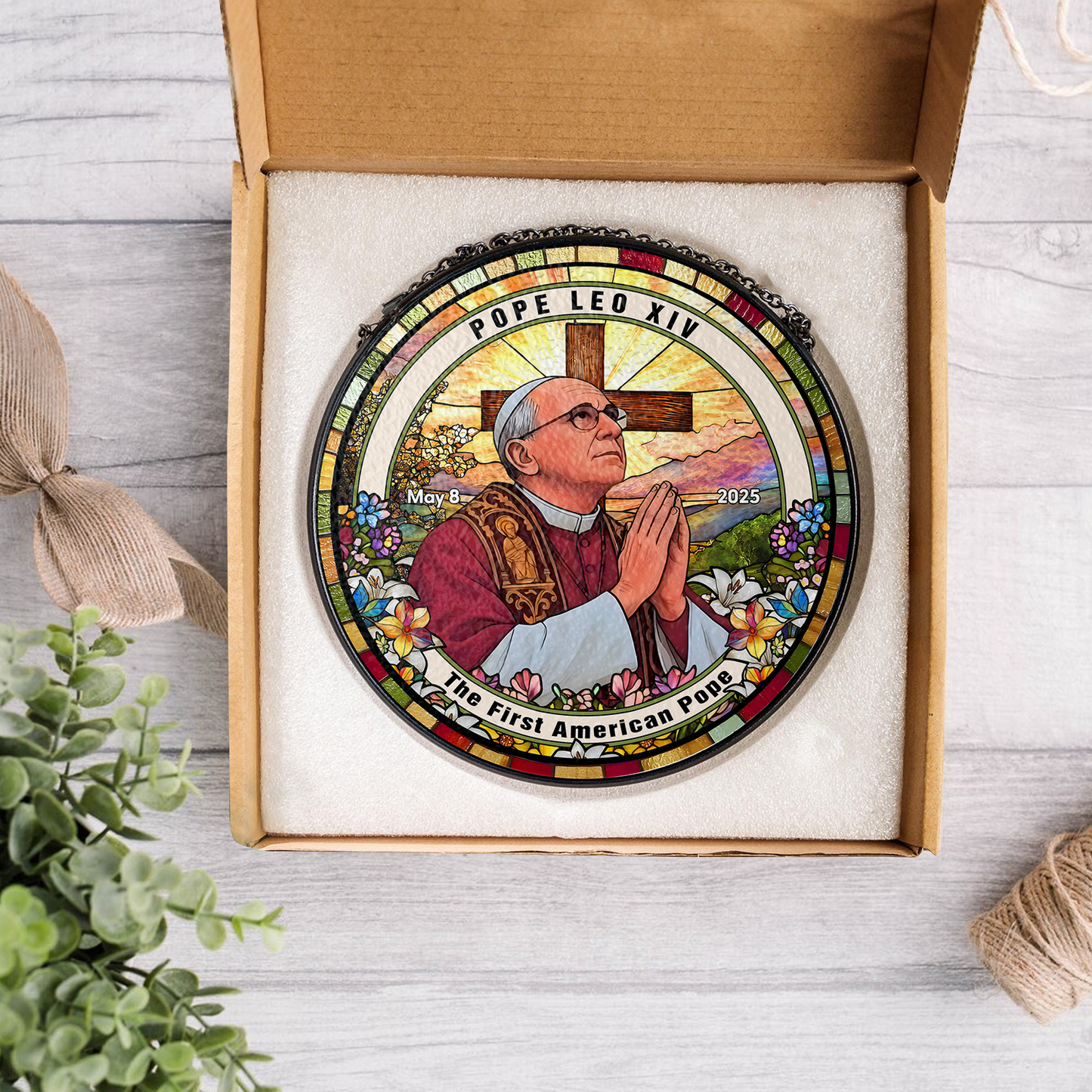 The First American Pope Glass Suncatcher – Pope Leo XIV Memorial Ornament – Christian Home Decor (Sun-98)