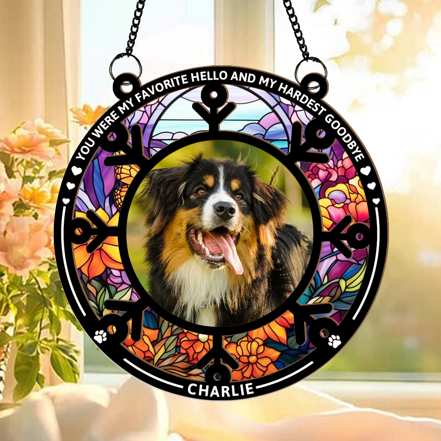 Pet Memorial Hanging Suncatcher with Photo and Name β Personalized Rainbow Bridge Remembrance Gift for Dog or Cat Loss (H-Sun-29)