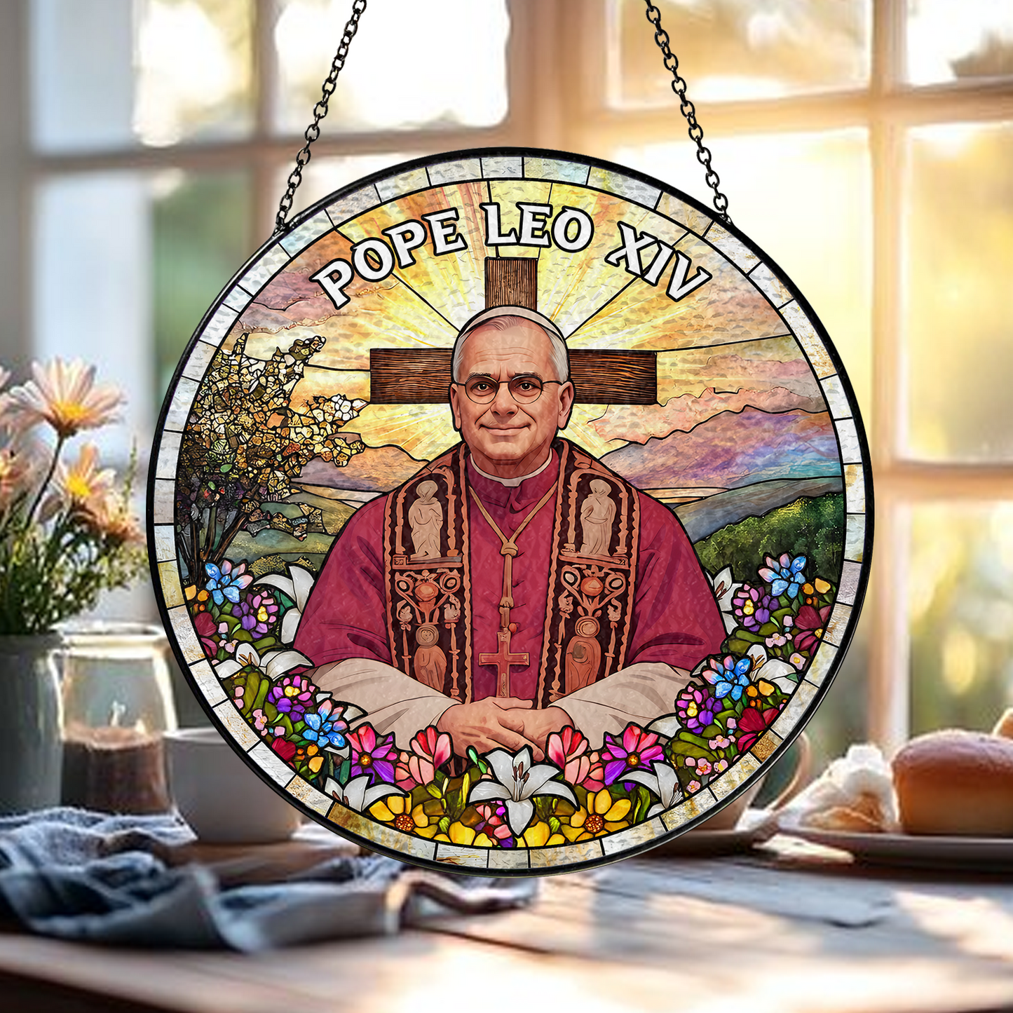 Christian Gift β Pope Leo XIV Glass Suncatcher with Cross and Floral Design β Limited Edition 2025 (Sun-99)