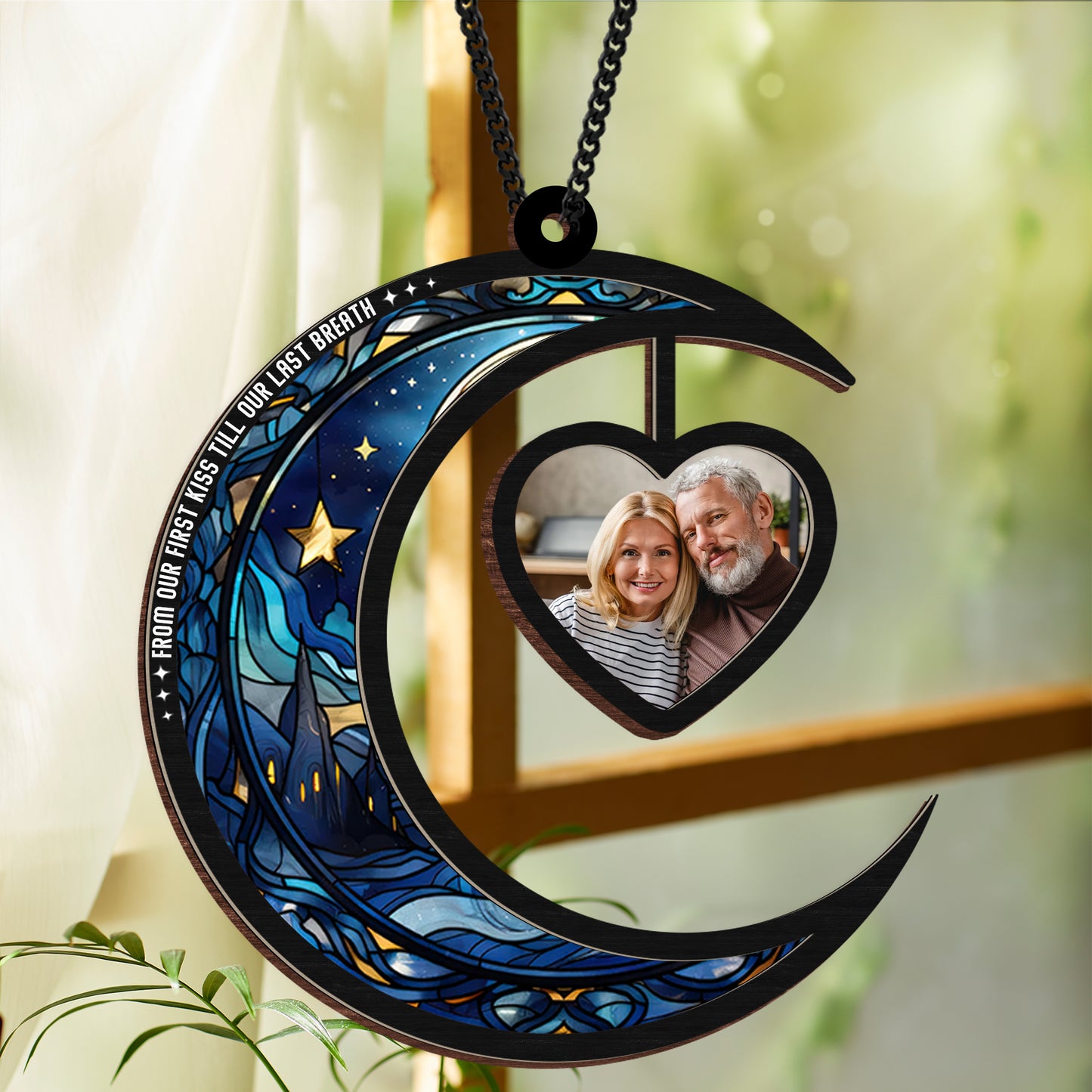 Personalized Hanging Suncatcher Moon and Heart β Custom Couple Photo Ornament β Romantic Stained Hanging Gift (Sun-105)