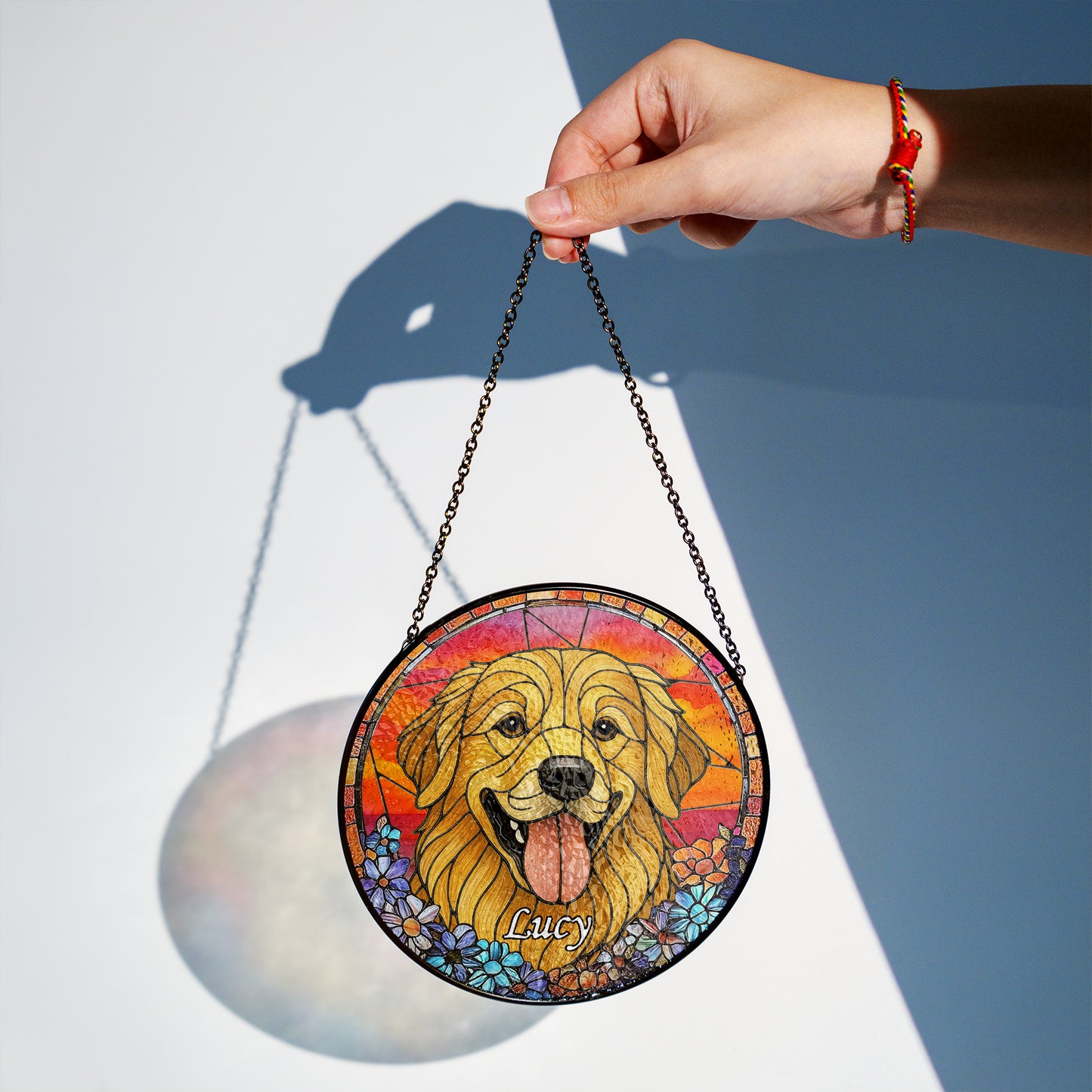 Personalized Dog Portrait Glass Suncatcher with Pet Name β Custom Stained Glass Style Window Hanging for Dog Lovers & Memorial Gift (Sun-81)