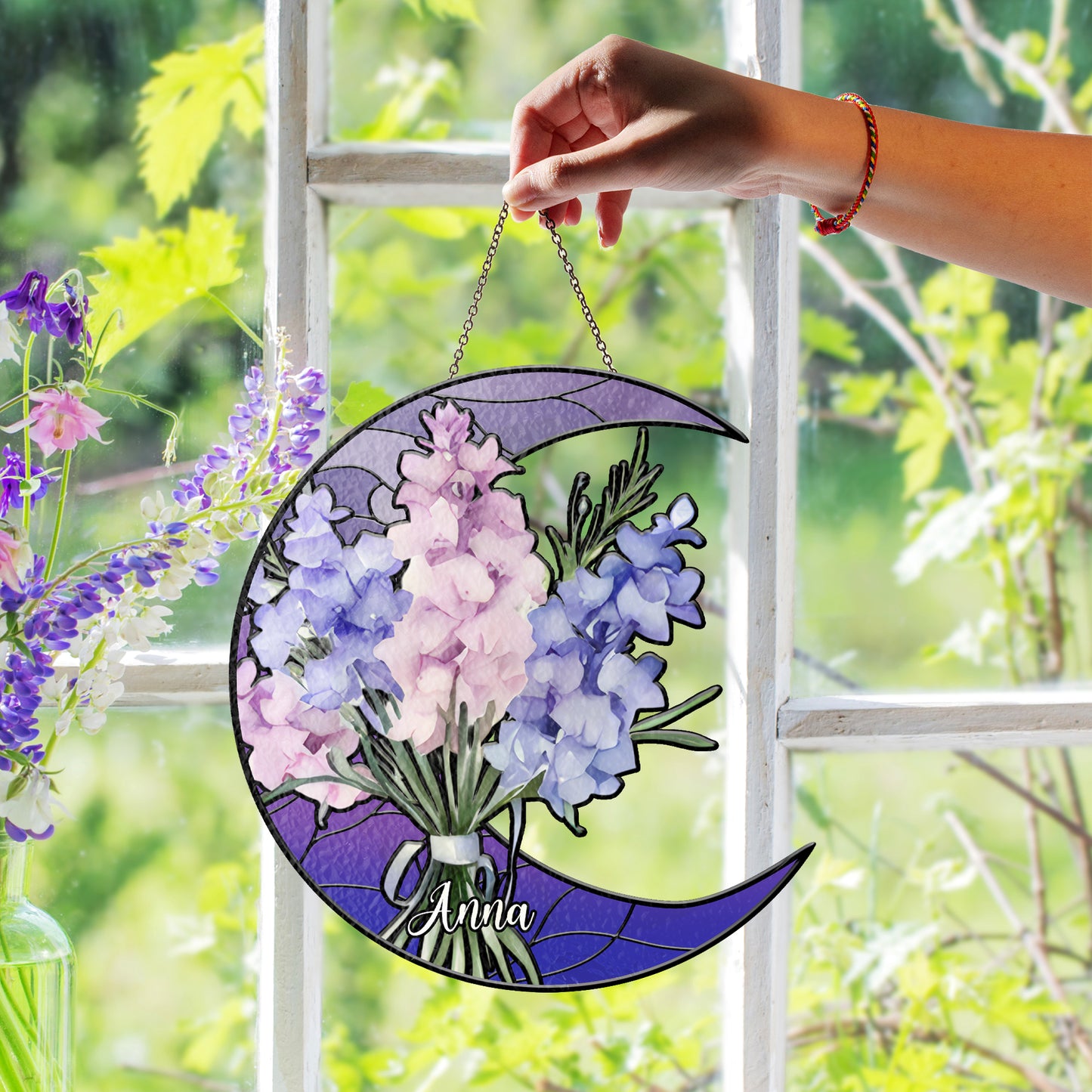 Custom Crescent Moon Glass Suncatcher with Personalized Birth Flowers and Name β Unique Window Decor and Gift for Mother, Mimi, or Nana (Sun-78)