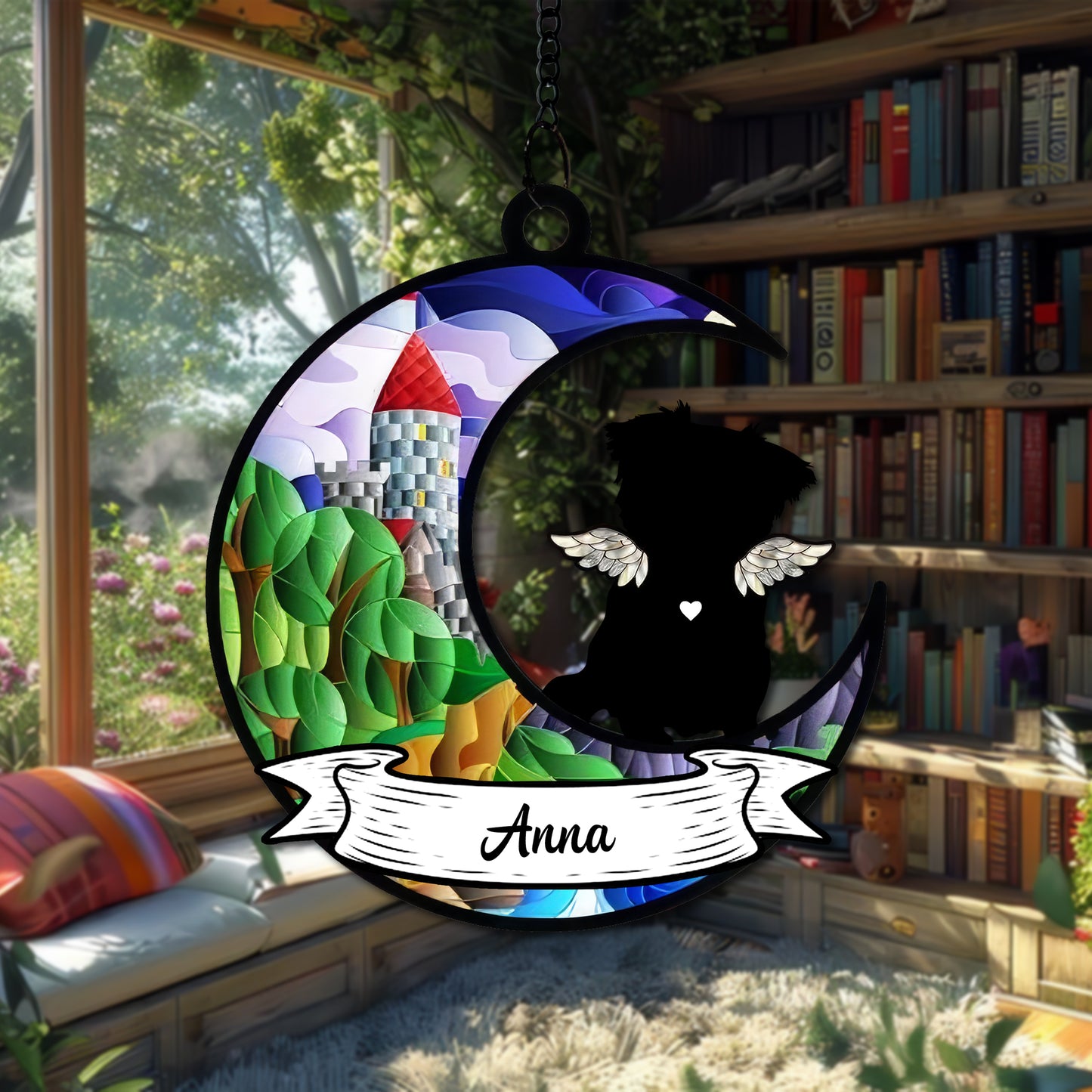 Personalized Pet Memorial Hanging Suncatcher β Crescent Moon with Angel Dog Silhouette, Name Banner, and Fairy Tale Castle Design (H-Sun-28)