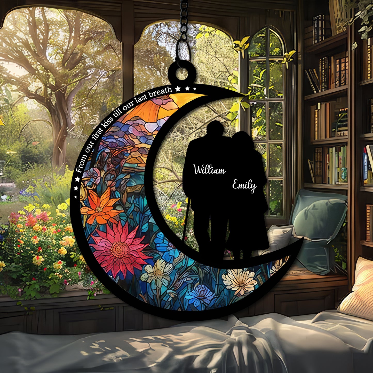 Personalized Couple Moon Suncatcher, Stained Glass Style Window Hanging, Custom Names Anniversary Gift, Romantic Crescent Moon Decor, Wedding Gift for Wife Husband (H-Sun-27)