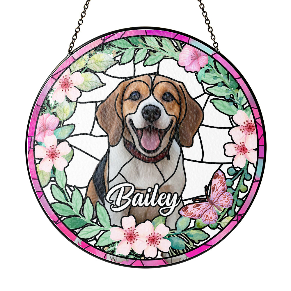 Personalized Glass Suncatcher Pet Portrait, Custom Stained Glass Memorial for Dogs & Cats (Sun-21)