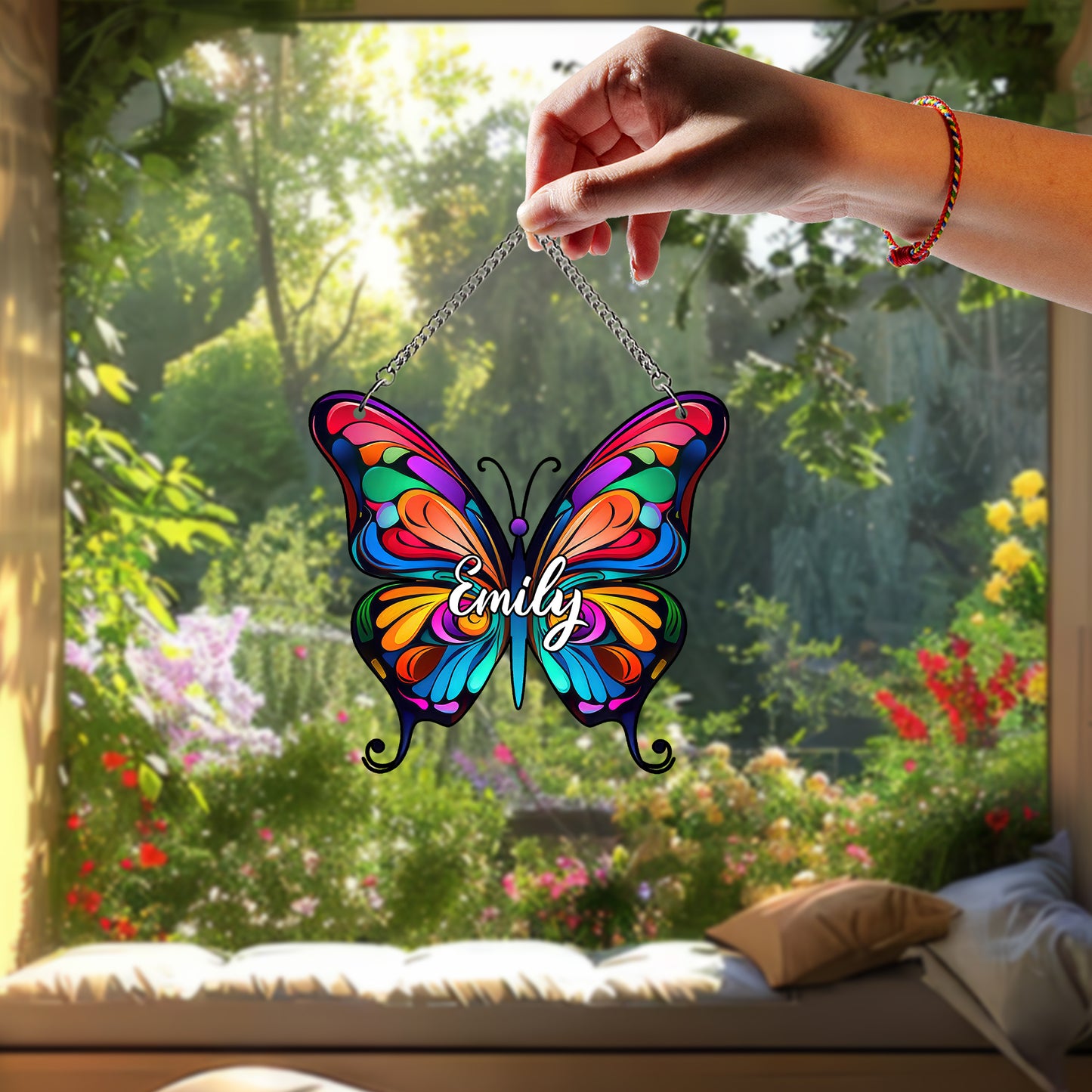 Personalized Butterfly Glass Suncatcher – Custom Name Window Hanging – Stained Glass Style Memorial or Gift for Her (Sun-91)