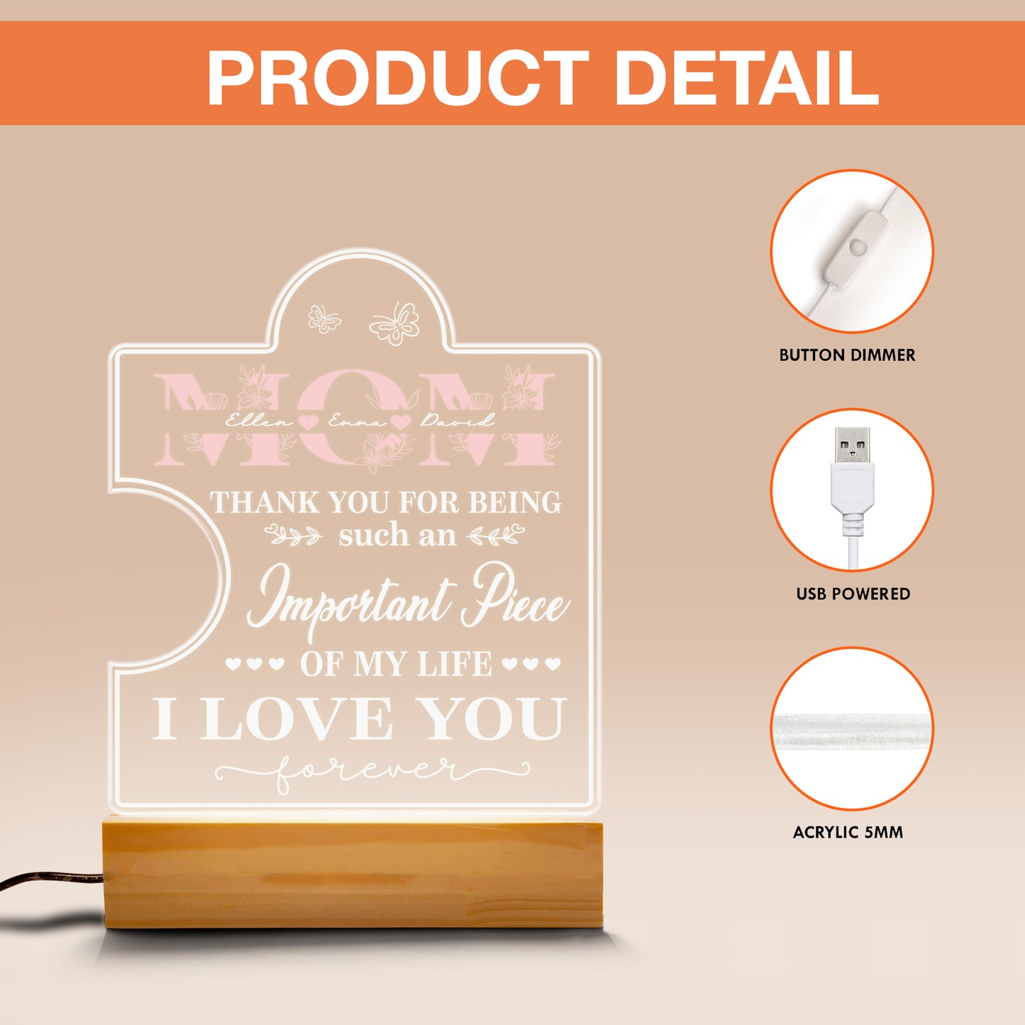 Birthday Gifts Mother's Day Gifts for Mum, Mum Gifts from Daugther Son, 3D Acrylic Night Light with Grateful Words to Mum, Birthday Present Gift Idea for Mom (MNL-10)