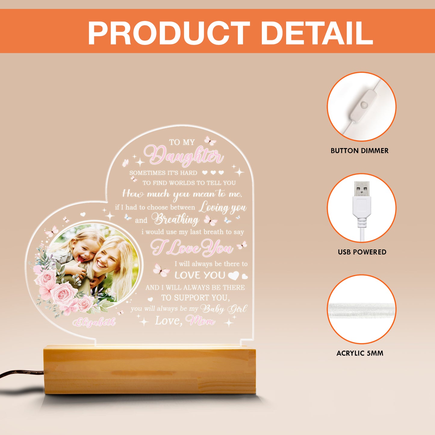 Mom Night Light Personalized LED Lamp Birthday Gifts for Mom from Daughter, Custom Engraved Wood Base Sleep Light for Mother's Day (MNL-12)