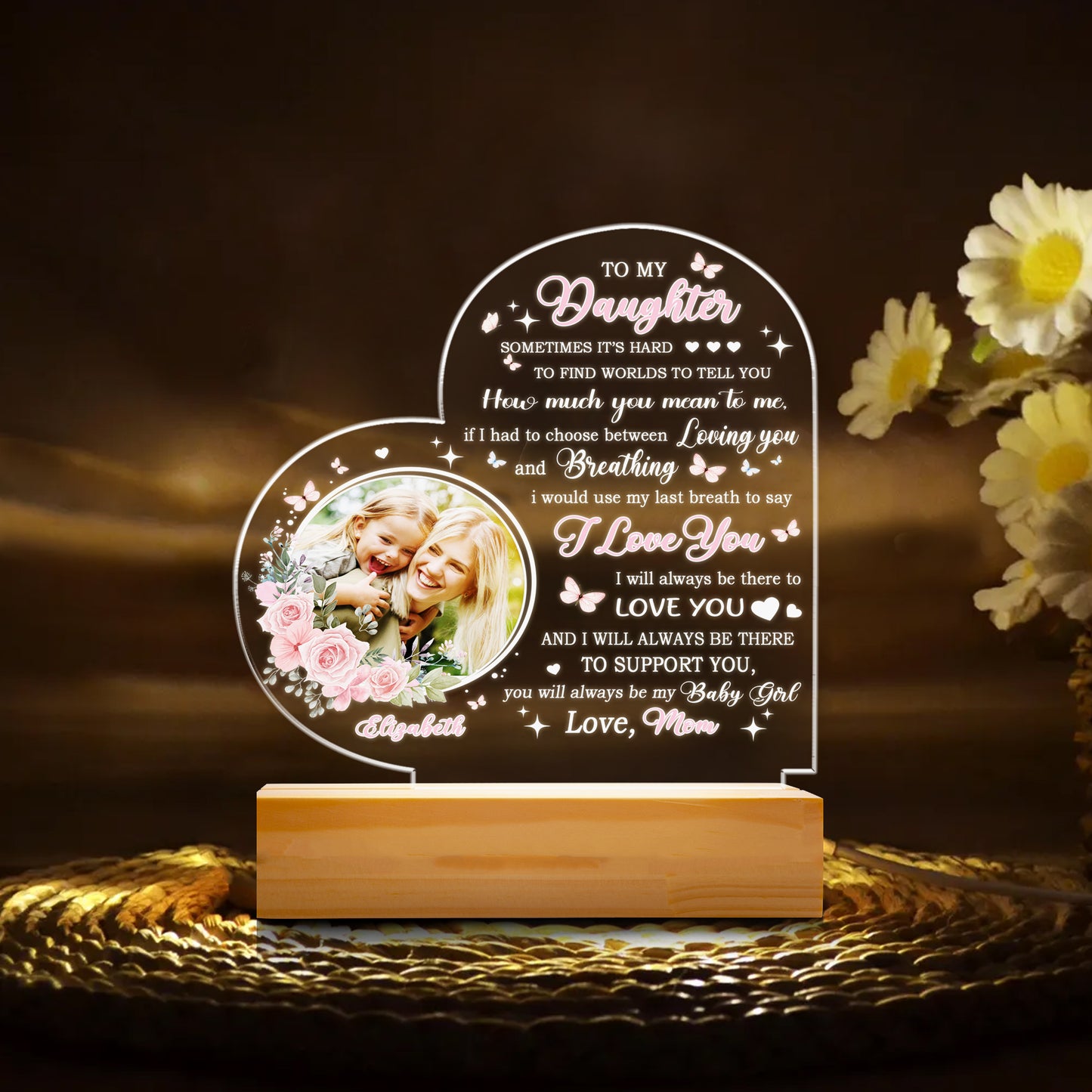 Mom Night Light Personalized LED Lamp Birthday Gifts for Mom from Daughter, Custom Engraved Wood Base Sleep Light for Mother's Day (MNL-12)