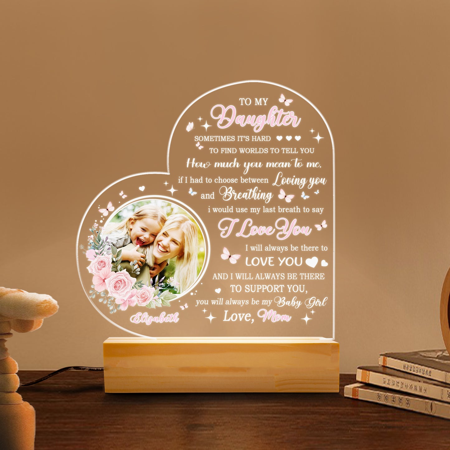 Mom Night Light Personalized LED Lamp Birthday Gifts for Mom from Daughter, Custom Engraved Wood Base Sleep Light for Mother's Day (MNL-12)