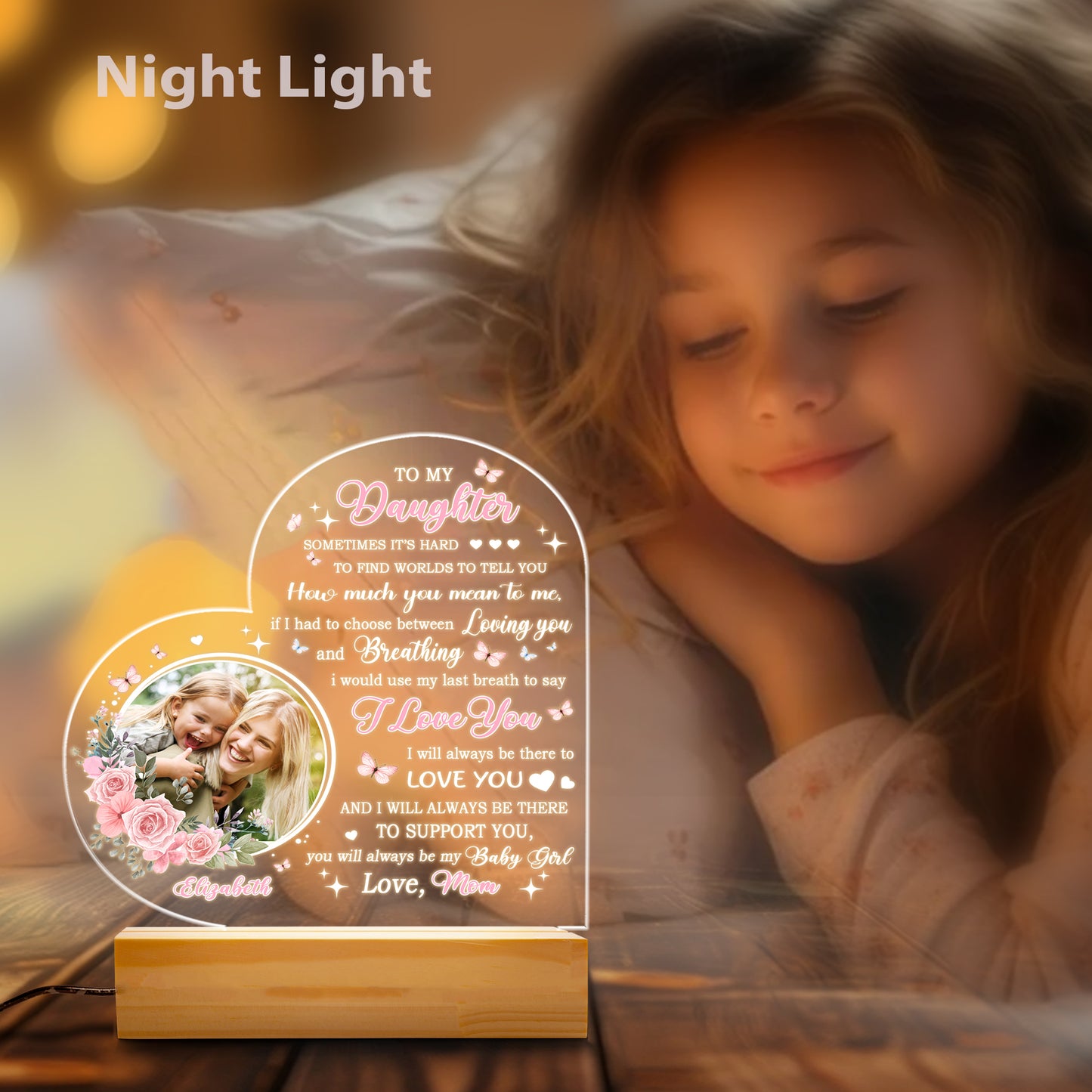 Mom Night Light Personalized LED Lamp Birthday Gifts for Mom from Daughter, Custom Engraved Wood Base Sleep Light for Mother's Day (MNL-12)