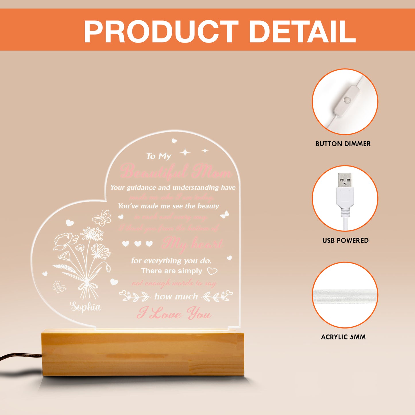 Mom Night Light Birthday Gift for Mom from Daughter LED Night Light with Wood Base Personalized Engraved Lamp Mother's Day Christmas Gift (MNL-11)