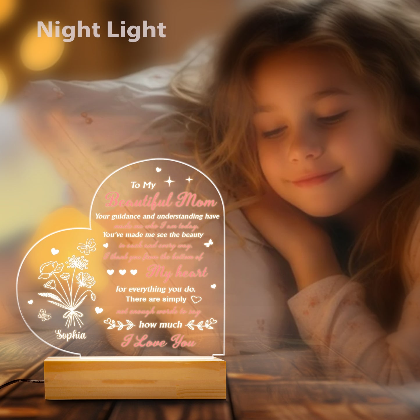 Mom Night Light Birthday Gift for Mom from Daughter LED Night Light with Wood Base Personalized Engraved Lamp Mother's Day Christmas Gift (MNL-11)