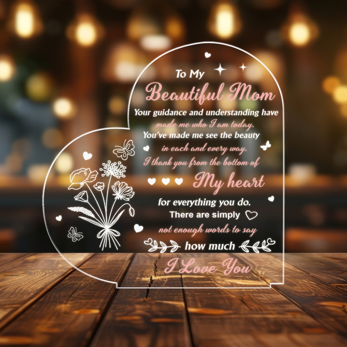 Mom Night Light Birthday Gift for Mom from Daughter LED Night Light with Wood Base Personalized Engraved Lamp Mother's Day Christmas Gift (MNL-11)