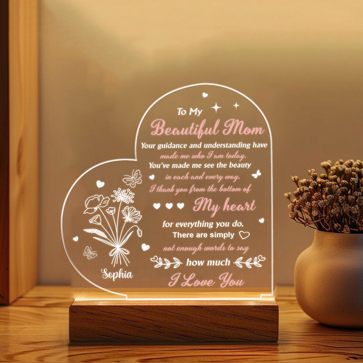 Mom Night Light Birthday Gift for Mom from Daughter LED Night Light with Wood Base Personalized Engraved Lamp Mother's Day Christmas Gift (MNL-11)