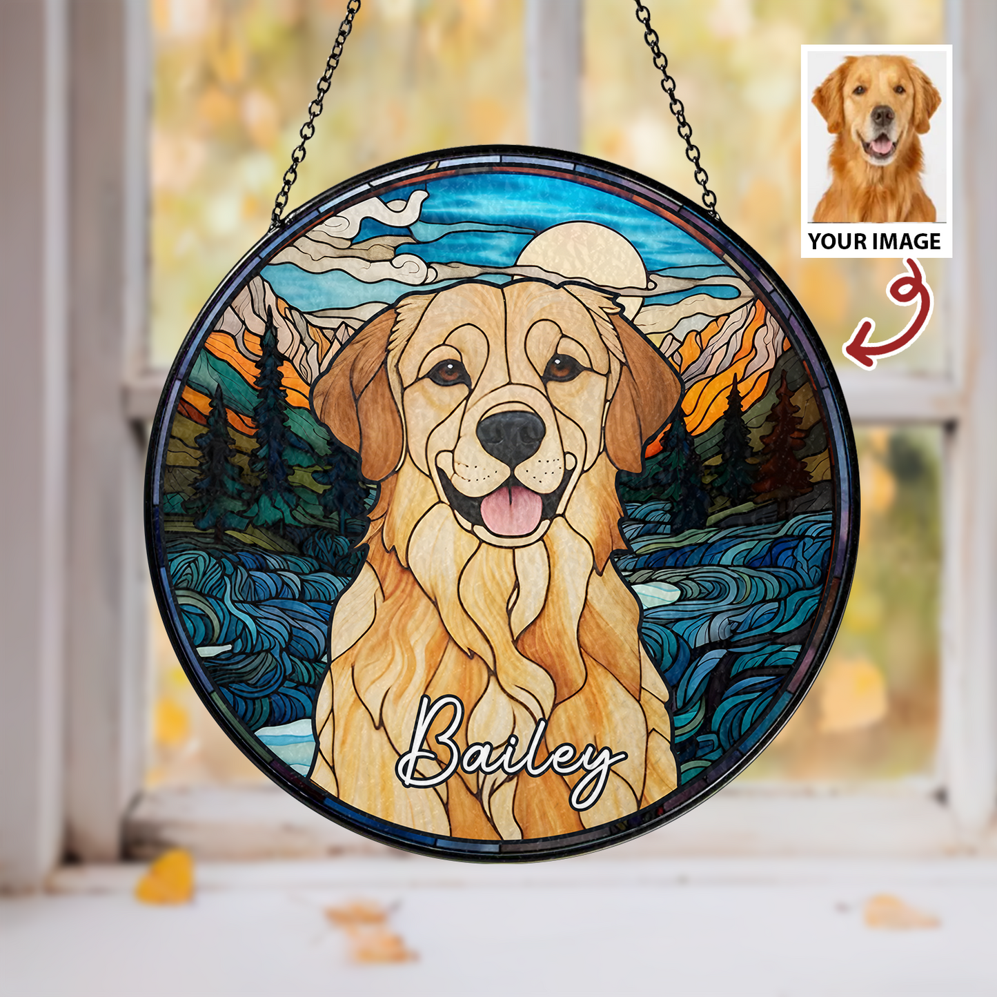 Custom Dog Memorial Suncatcher with Stained Glass Portrait β Unique Handmade Tribute Keepsake for Remembering a Beloved Pet (Sun-46)