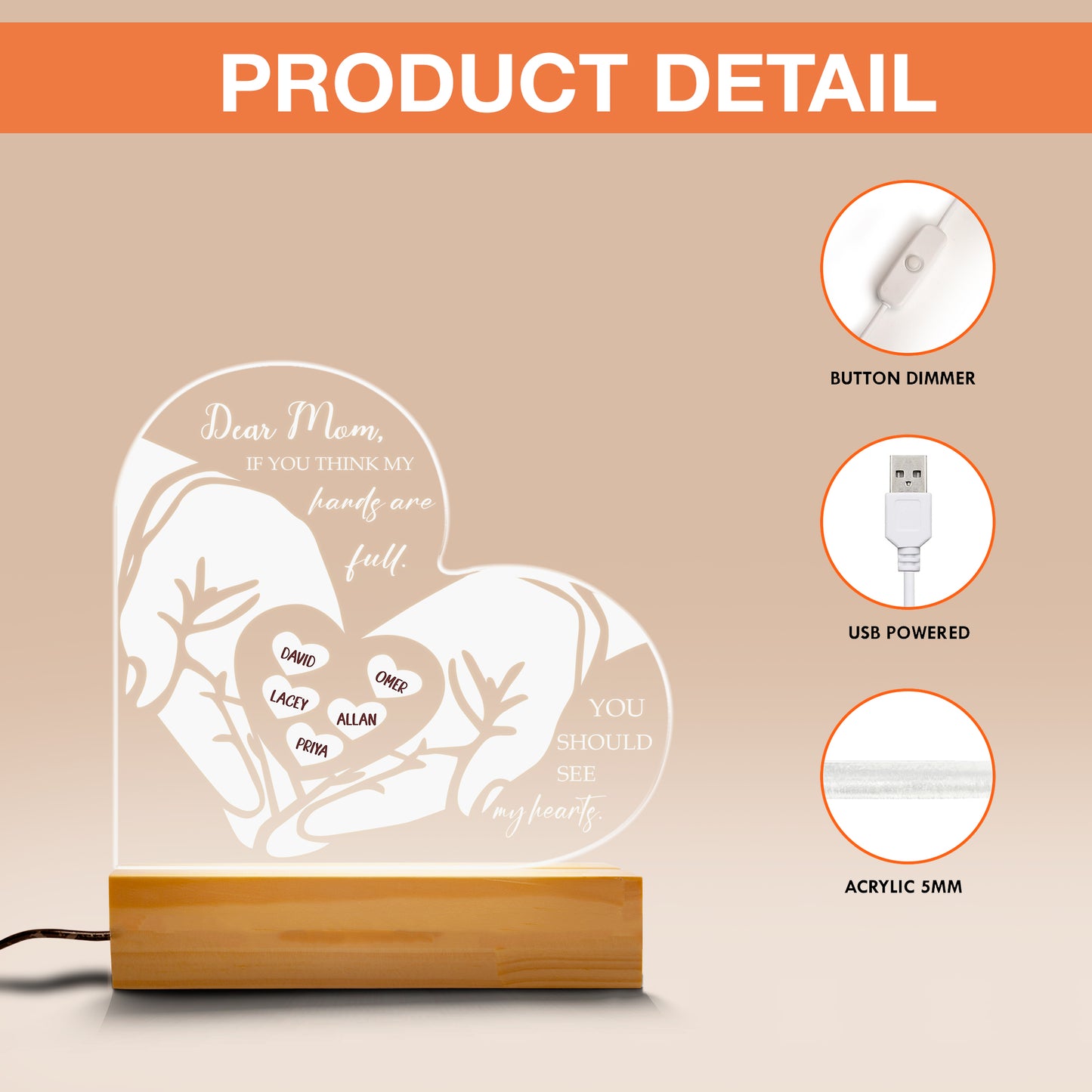 Gifts for Mom, Mom Birthday Gifts from Daughter Son, Engraved Mom Night Lights USB Low Power, Personalized Mom Gifts for Mother's Day Birthday Thanksgiving (MNL-09)