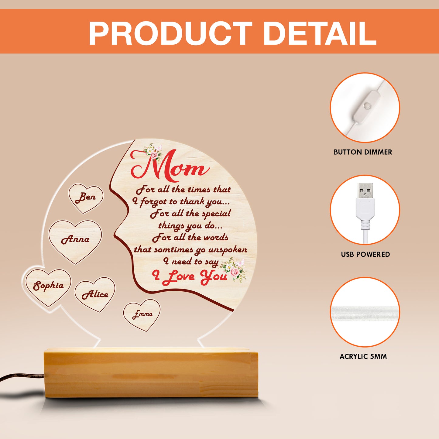 Acrylic Mom Night Light – Emotional Gift from Daughter with Message “For All the Times I Forgot to Thank You” – Keepsake of Love and Gratitude (MNL-02)