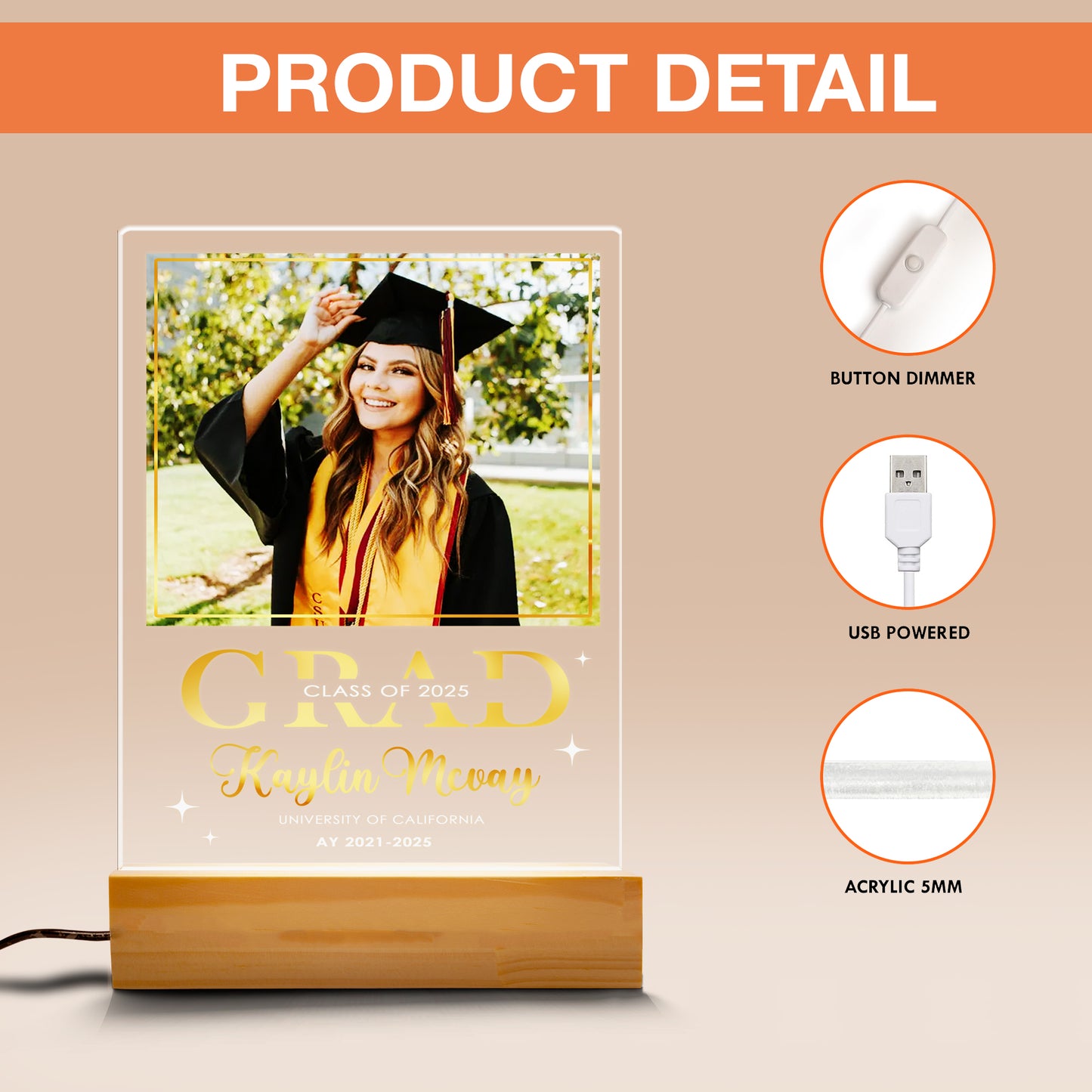 Personalized Graduation Night Light, Custom Graduate Photo Plaque, Senior Frame Gift, High School or College Present (GNL-38)