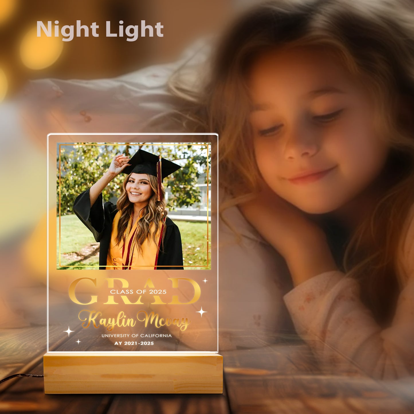 Personalized Graduation Night Light, Custom Graduate Photo Plaque, Senior Frame Gift, High School or College Present (GNL-38)