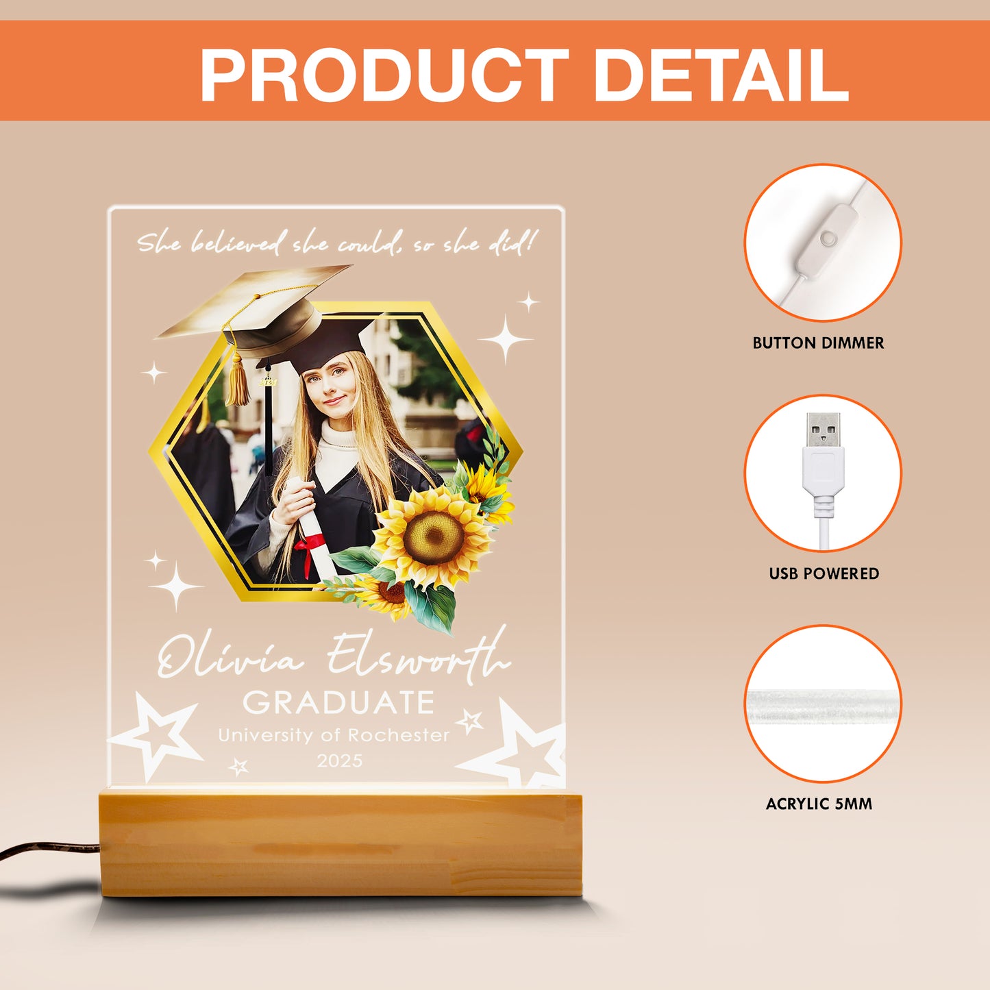 Personalized Sunflower Graduation Night Light β A Glowing Gift of Growth, Joy & Achievement (GNL-15)