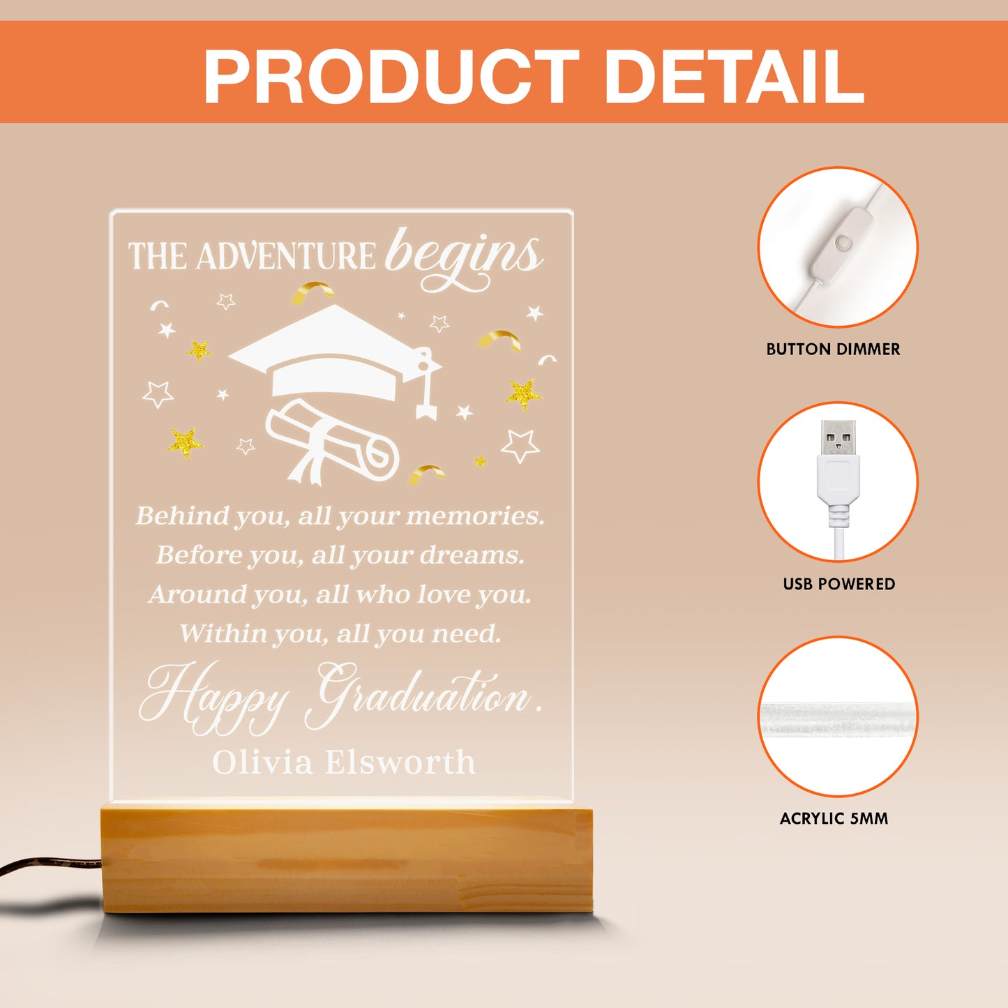 Custom Graduation Night Light with Name, Personalized Picture Frame Gift for Graduate, Highschool or College Senior Plaque (GNL-30)