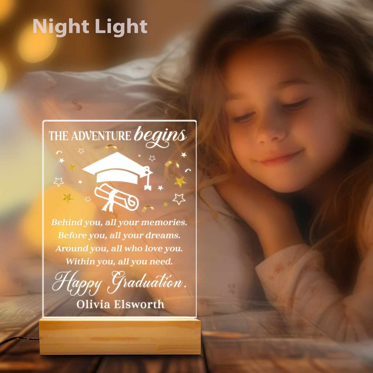 Custom Graduation Night Light with Name, Personalized Picture Frame Gift for Graduate, Highschool or College Senior Plaque (GNL-30)
