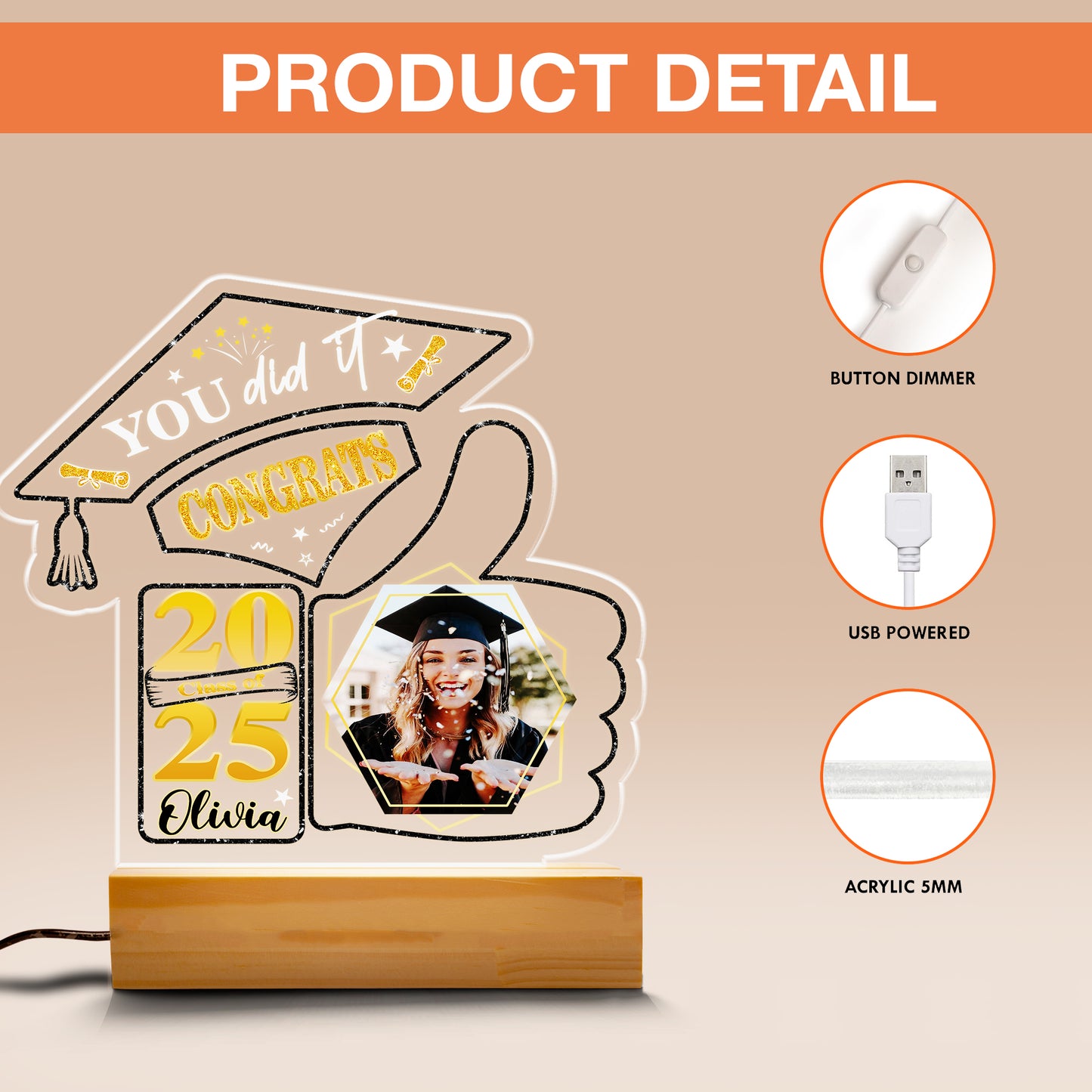 LED Graduation Night Light – Unique Cap & Like Symbol Design with Personalized Image and Name (GNL-18)